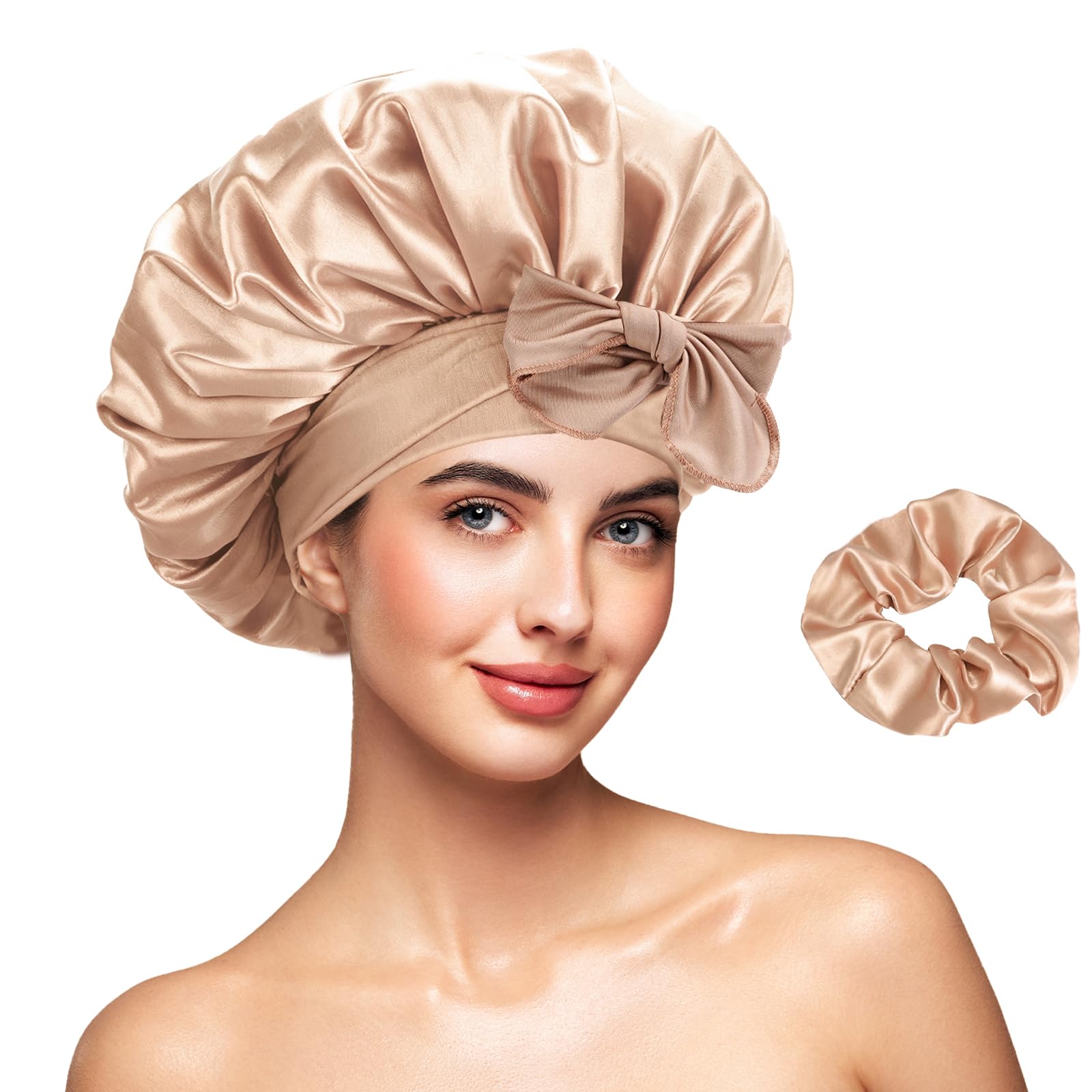 Galsangflower Unisex Champagne Reversible Double-Layer Satin Bonnet With Scrunchy Set, Adjustable Hair Cap For Sleeping With Tie Band, Breathable Hair Cover For Curly Hair, Accessories For Women