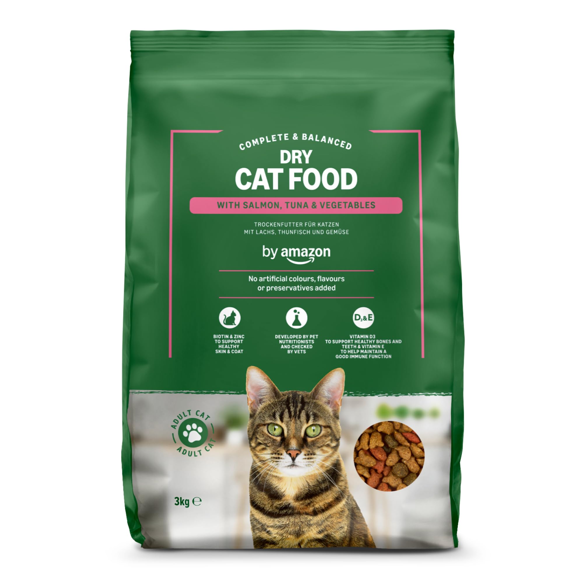 by Amazon - Alimento seco completo para gatos adultos con salmón, atún y verduras, 1 Pack de 3 kg