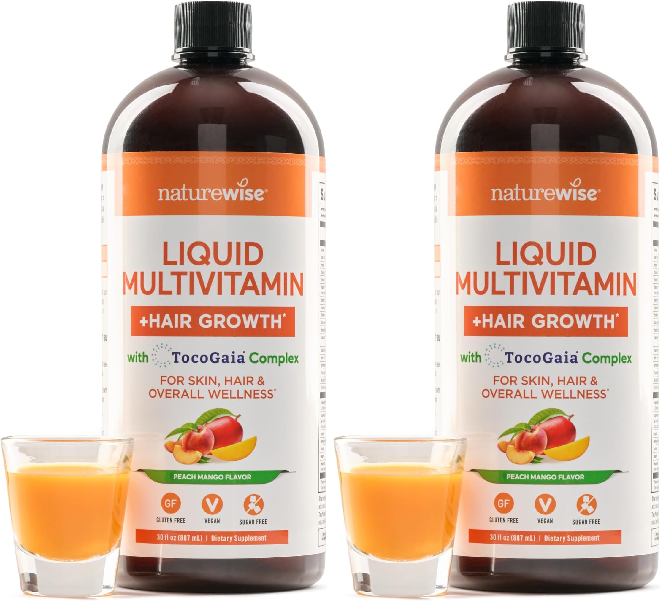 NatureWise Liquid Multivitamin Hair Growth for Women & Men + Tocogaia® for Hair Growth & Skin Elasticity Support + Biotin, Vitamin D, E, B - Sugar Free, Vegan - 30 fl oz[30 Servings], (Pack of 2) Peach Mango 30 Fl Oz (Pack of 2)