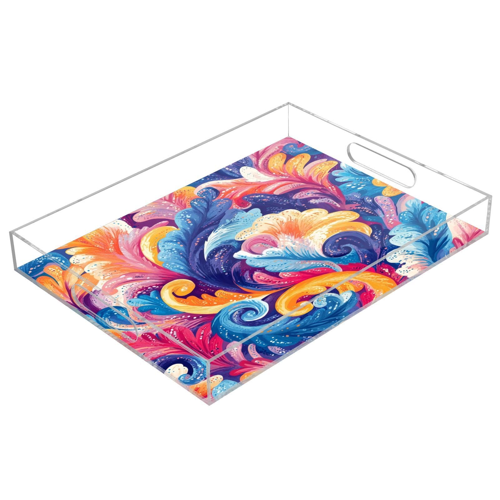 Msyxl Colorful Leaves Serving Tray for Coffee Table, Decorative Acrylic Tray Colorful Leaves Tray with with Handles for Breakfast, Ottoman, Countertop, 12x16 in