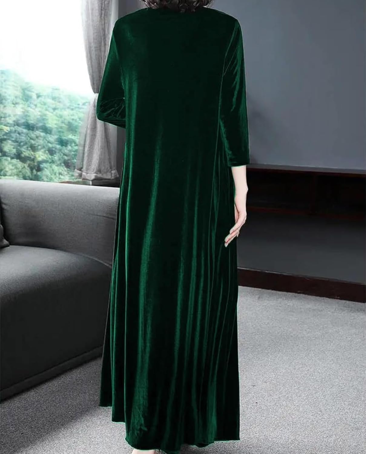 Velvet Long Sleeve Maxi Dress for Women Fall Wedding Guest Cocktail Dresses Loose Fit Crew Neck Flowy Plus Size - Image 3