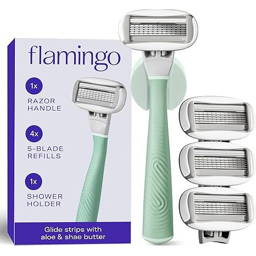 Flamingo Shaving Razor Set for Women - Original Razor Handle, 4 Blade Refills, and Shower Holder - Sage