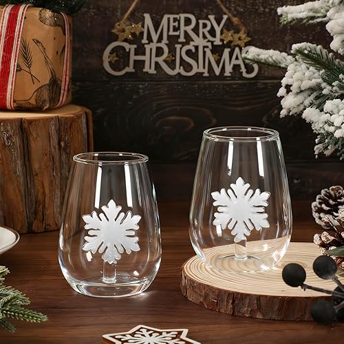 2Pcs 3D Winter Christmas Stemless Wine Glass Hand Blown White Snowflake Clear Drinking Glasses for Xmas Home Dinner Birthday Party Favors Supplies, 2.8 x 2.8 x 3.7 inch