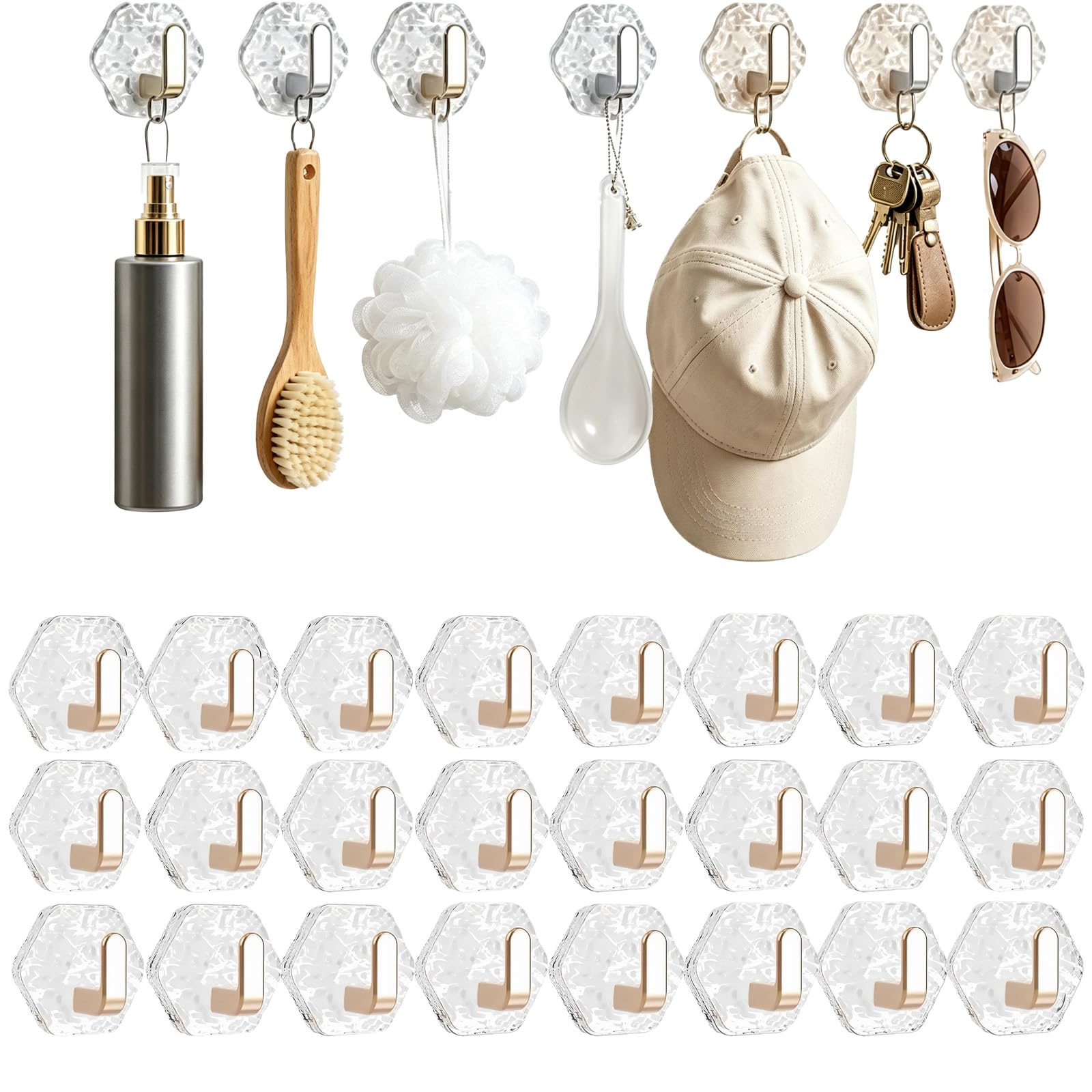 Dawhare Water Ripple Hexagonal Self Adhesive Hooks, Transparent Wall Hanging Luxury Key Hook, Heavy Duty Waterproof Adhesive for Towels, Keys & Home Decor (24golden)