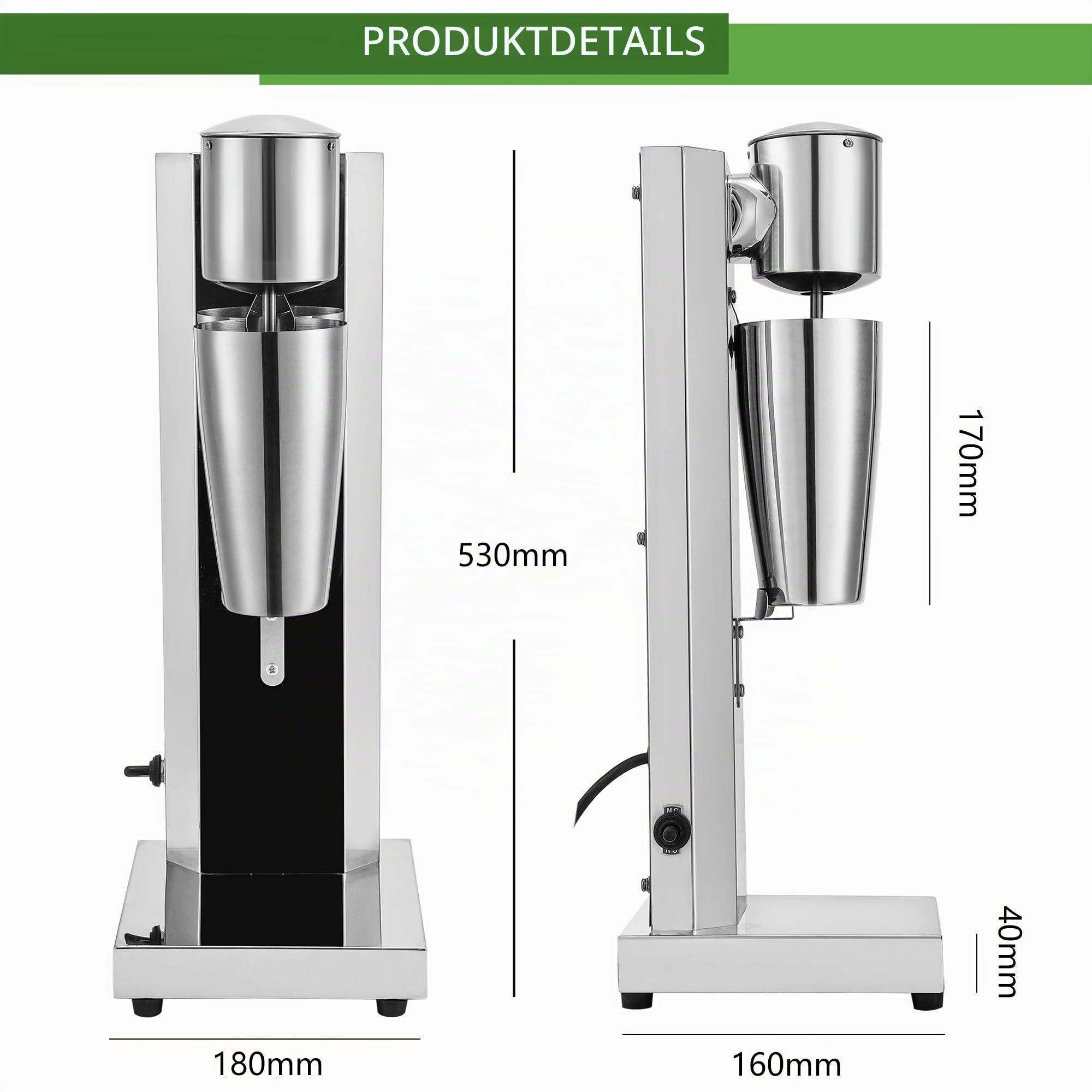Cgoldenwall Milchshake Maschine Kommerzielle Elektrische Einkopf-Trinkmixer 18000 U/min Mit 2-Gang-Schalter 800ml Mixbecher Für Bananen, Papaya-Milchshake Und Cocktails