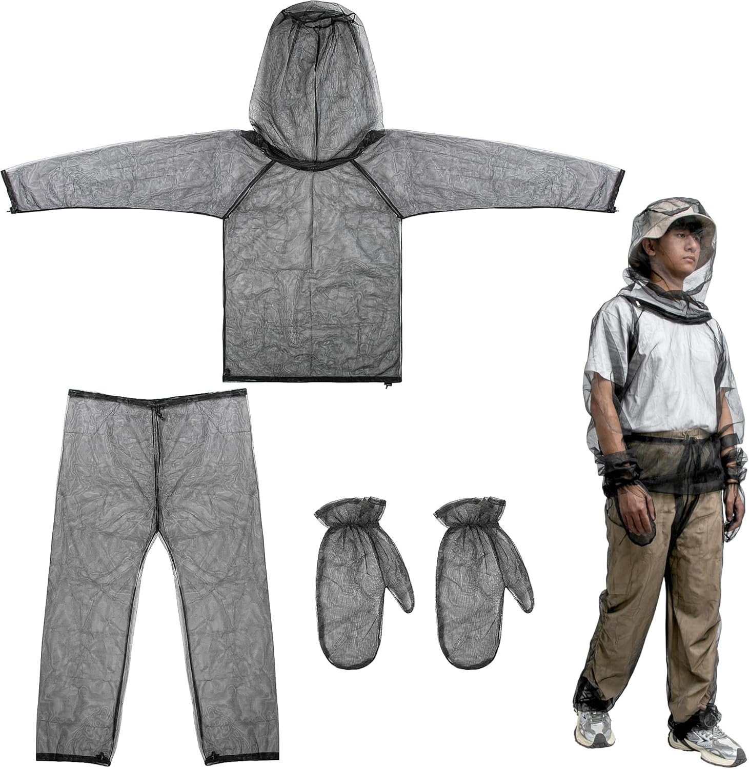Abbigliamento antizanzare, giacca e pantaloni, con zanzariera in rete, con guanti, per la protezione esterna da insetti, mosche, zanzare, zanzare e moscerini