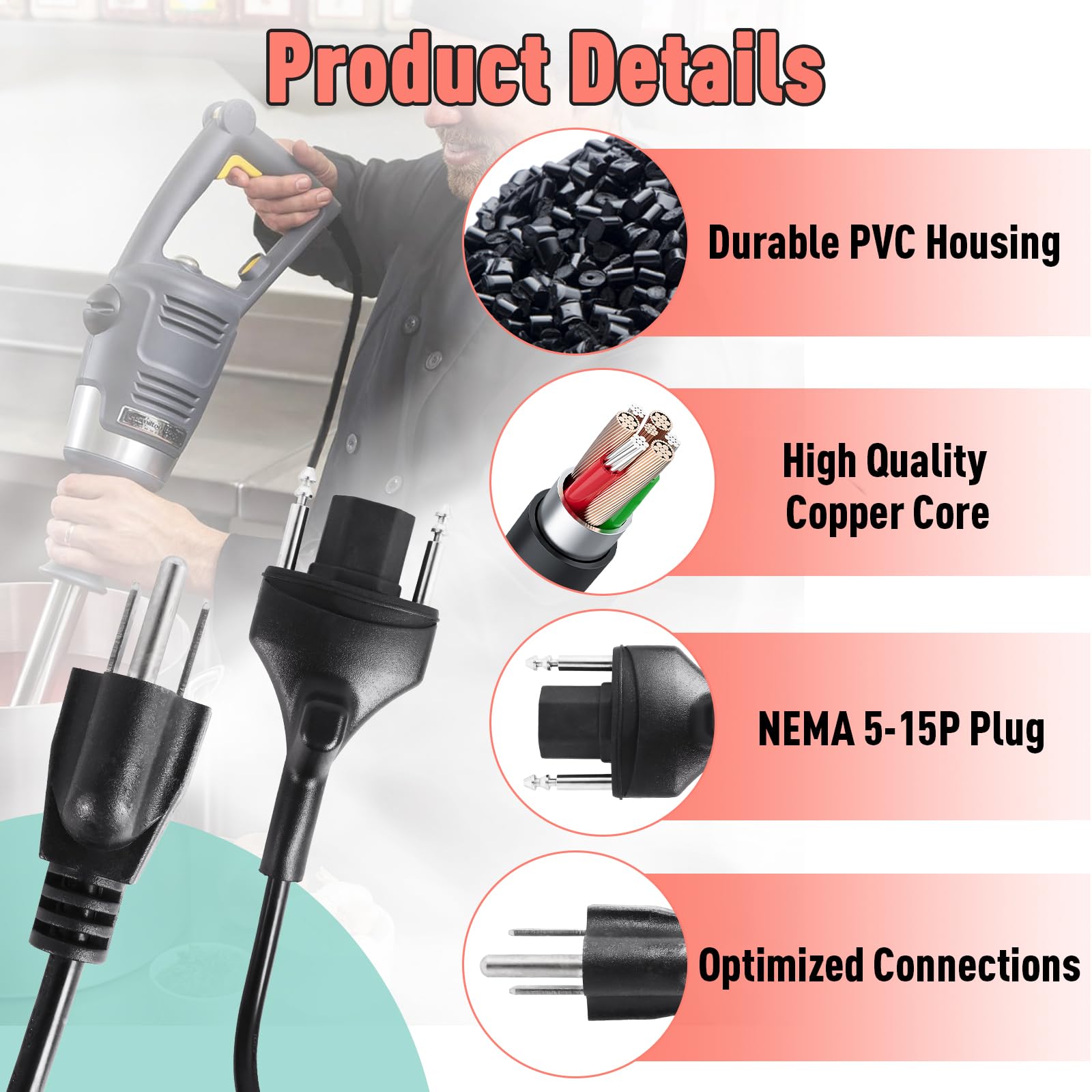 Cordon d'alimentation de rechange 89143 compatible avec Robot Coupé MP Series, 120 V 380 cm Noir Cordon mélangeur à immersion pour MP350 MP450 MP550 MP600 MP800