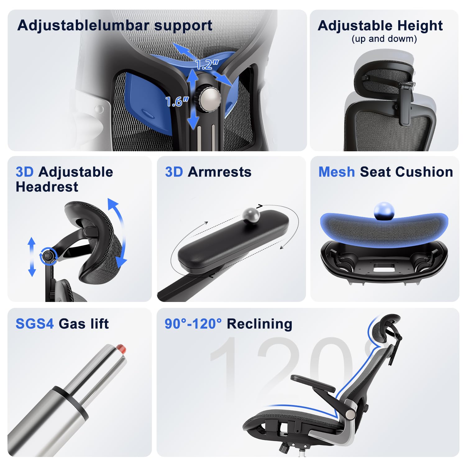 Ergonomic Office Chair，Mesh Seat Cushion with 3D Armrests and 3D Headrest, Adjustable Lumbar Support with Rocking Function, SGS Class 4 Gas Clylinder，Black