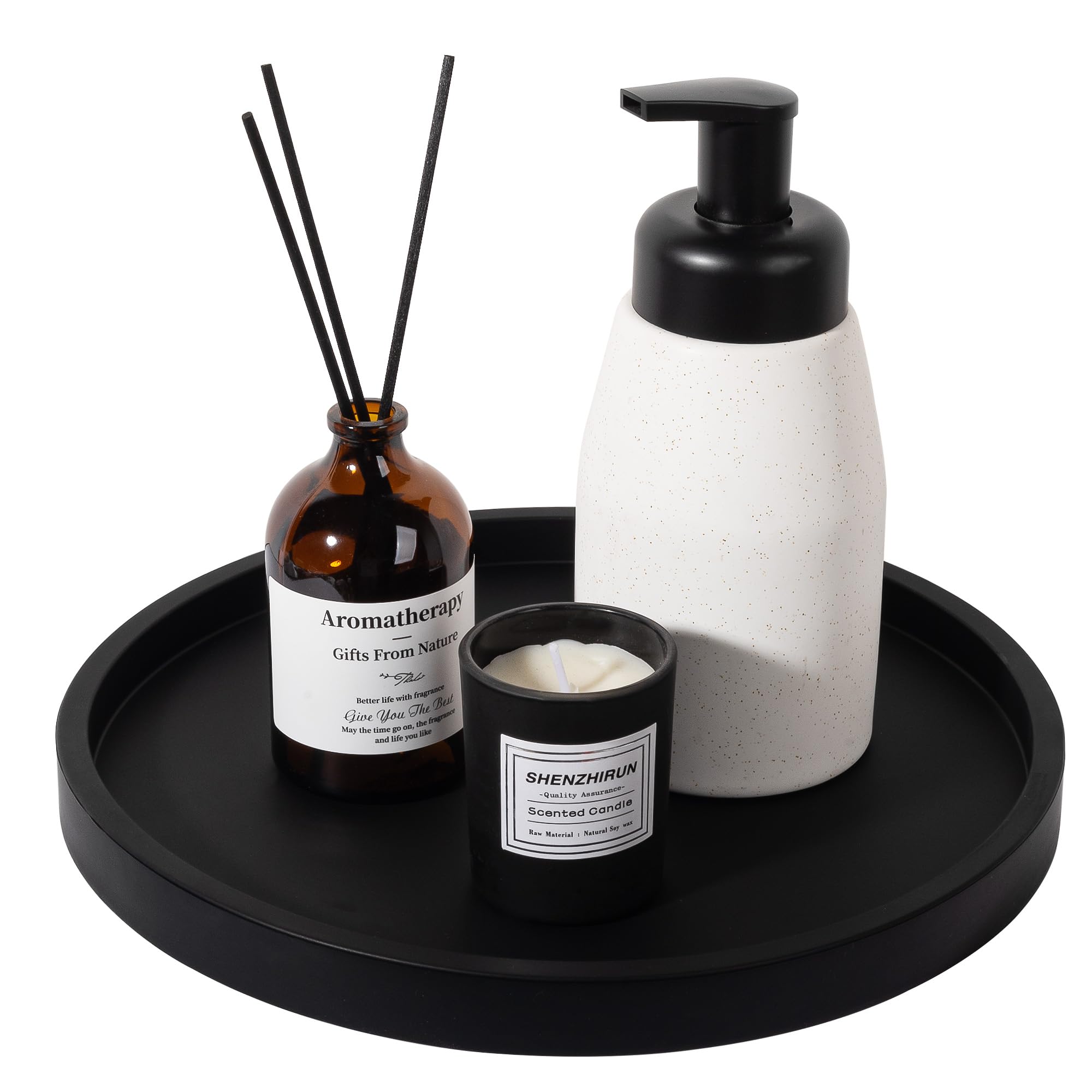 Silicone Bathroom Tray Round Vanity Tray Decorative Soap Holder Kitchen Countertop Organizer Coffee Table Decor for Candle, Perfume, Plant, 10 Inch, Black