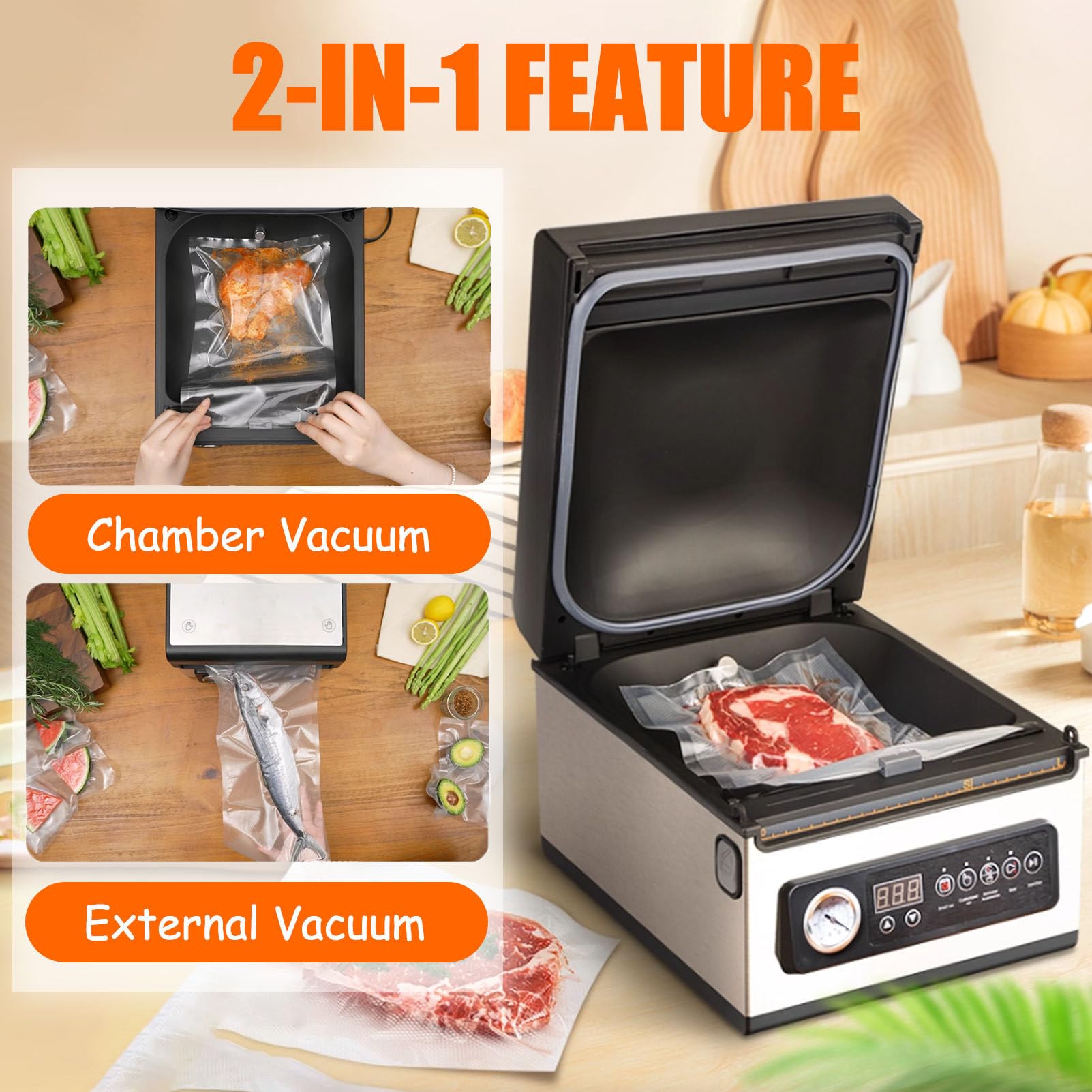 Selladora Al VacíO De CáMara, MáQuina Selladora Al VacíO AutomáTica con Manguera Externa, Barra De Sellado De 25,4 Cm para La ConservacióN De Alimentos, Sous Vide