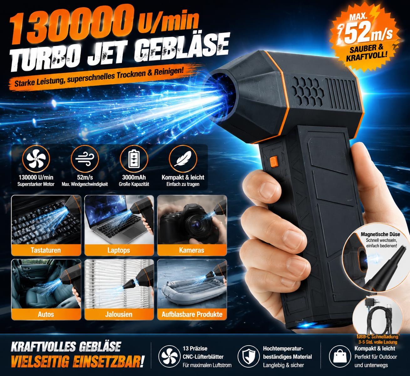 Elettrico per mini Jet Blower 130000 RPM Spray ad aria compressa con 3000 mAh per batteria, soffietto multifunzione per tastiera PC, fotocamera, auto, interni ed esterni, per