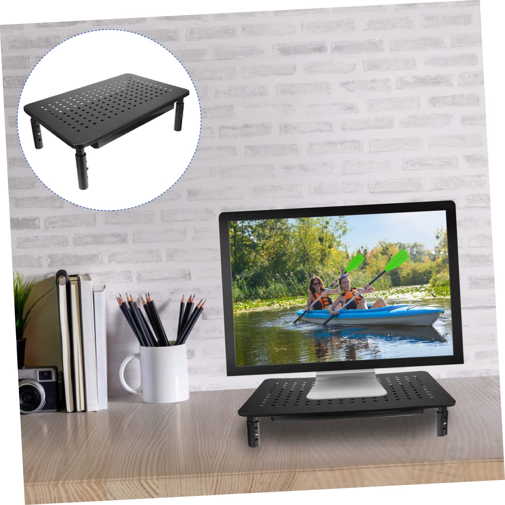Uonlytech Rehausseur D’écran pour Moniteur Plateau Perforé Tiroir en Fer , Hauteur Réglable 3 Niveaux et Ventilation pour Bureau Ergonomique
