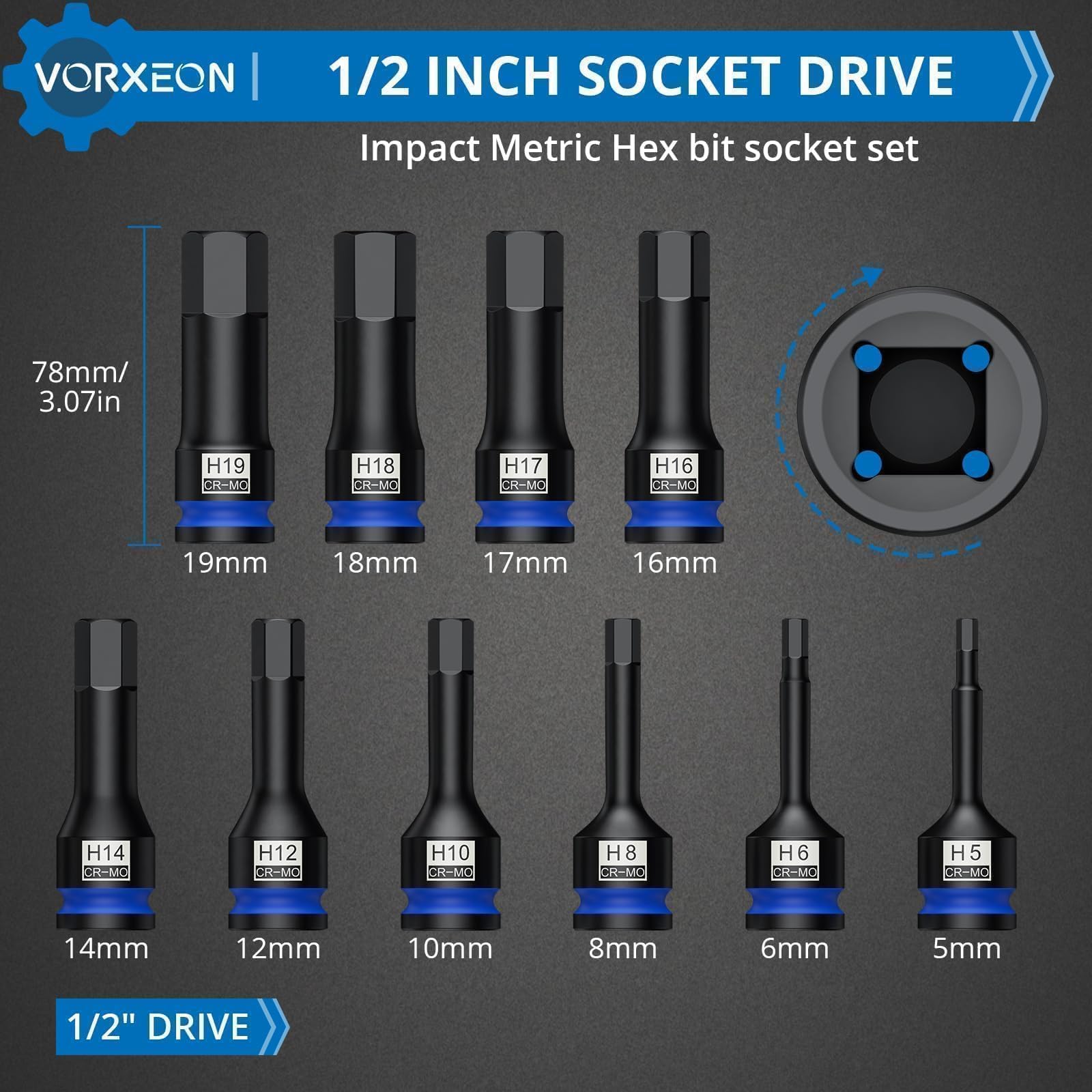 Juego de 1/2" Llaves de Vaso Hexagonales 42CRMO 5-19mm Métricas Llaves de Vaso de Impacto para Garaje Taller de Reparación de Automóviles