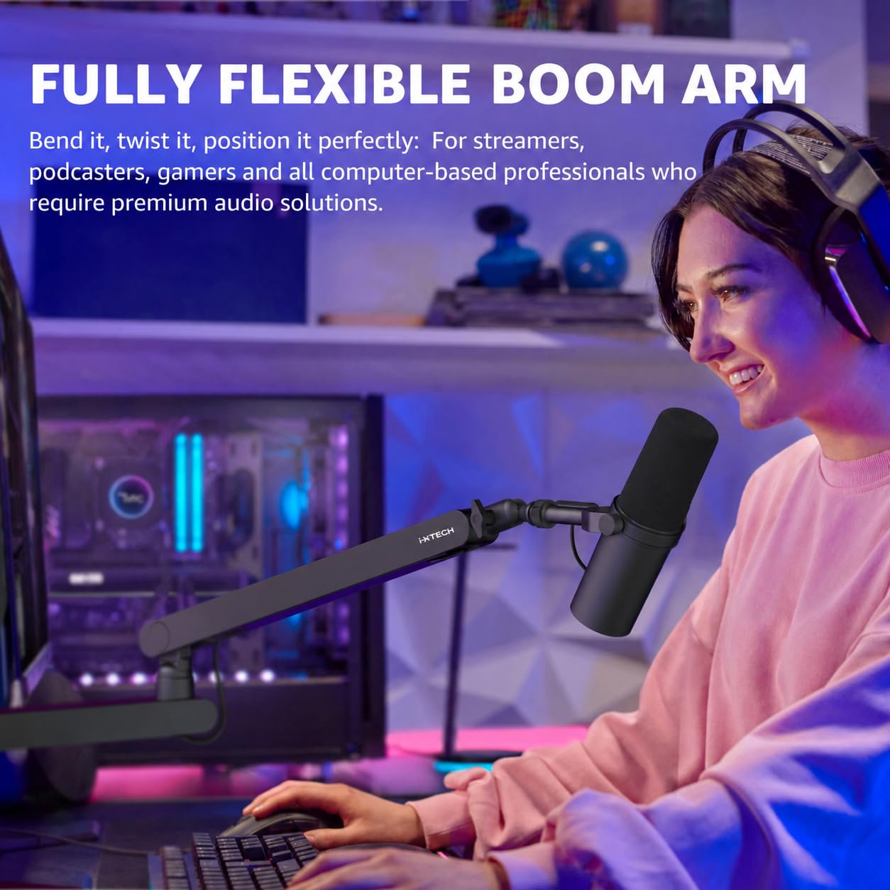 IXTECH Boom Arm - Bras de Microphone Réglable Rotatif à 360° - Bras de Micro en Acier Inoxydable Robuste pour Bureau, Table - Bras Ciseaux Pliable - Bras de Montage de Microphone
