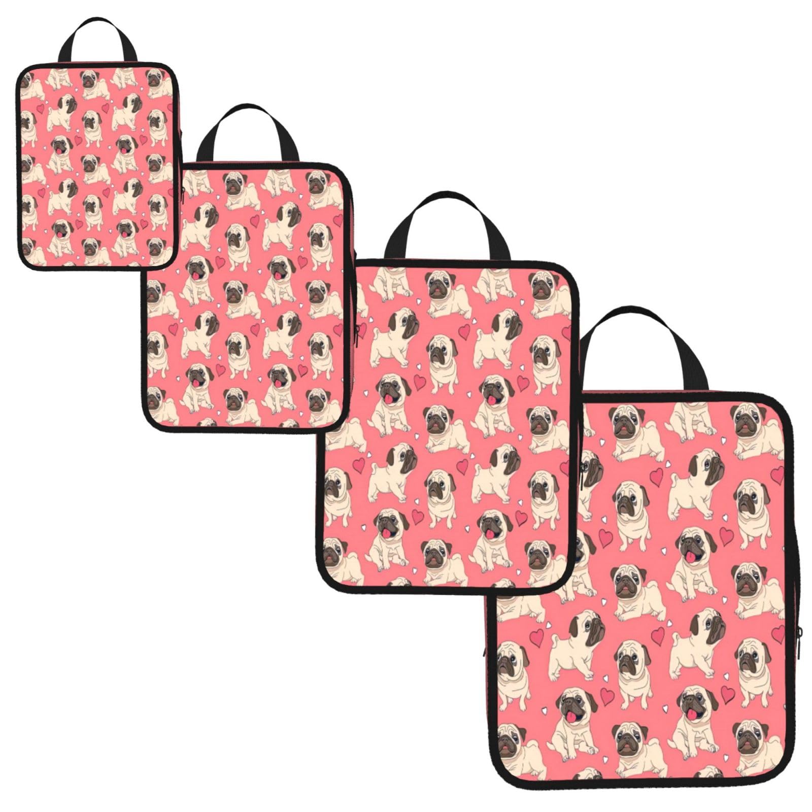 Funny Cartoon Pug Puppy Dog Print 4 Set Compression Packing Cubes for Suitcases,Expandable Storage Bag Organizers