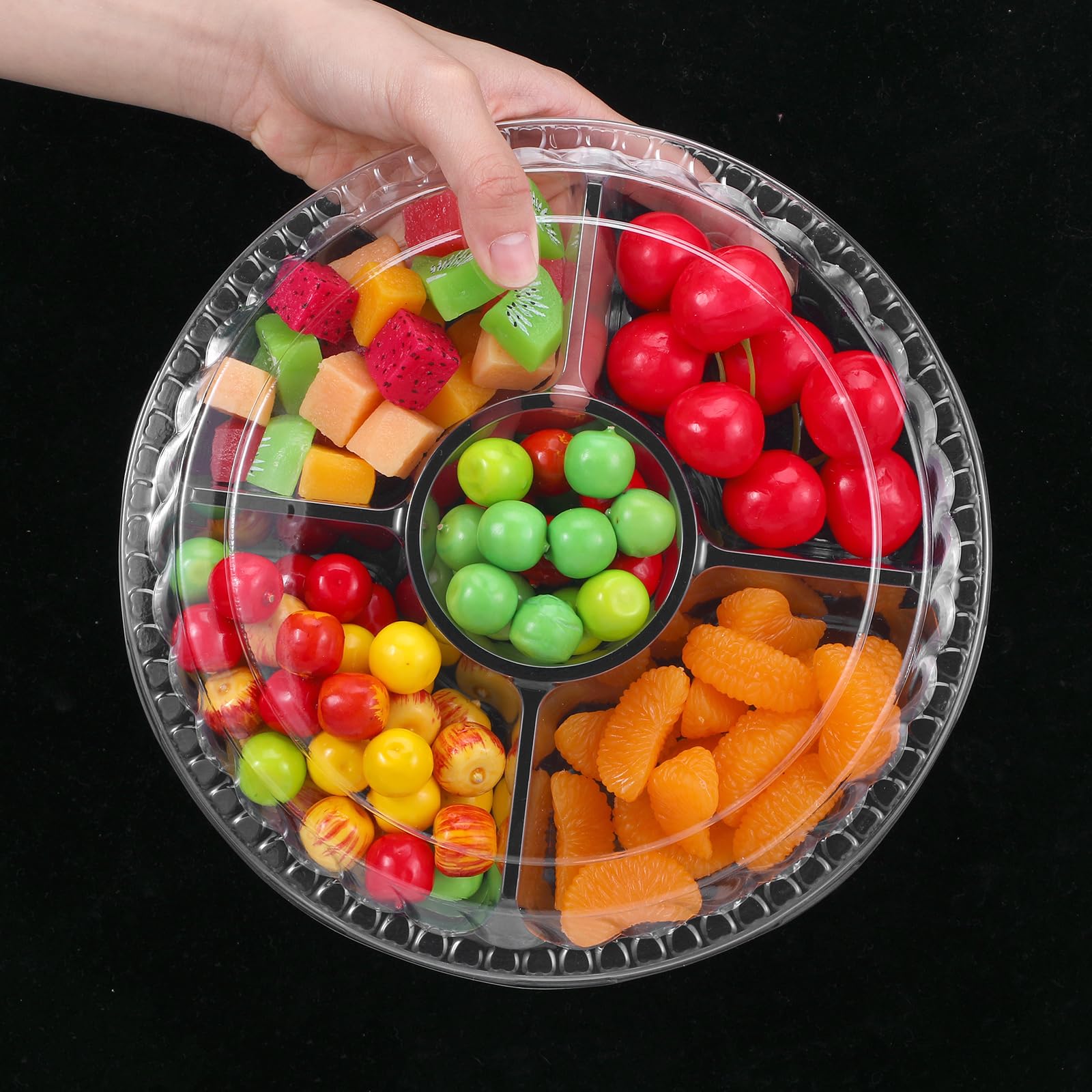 Bandeja desechable para aperitivos con tapa, 9.5 pulgadas, 5 compartimentos, paquete de 30, recipiente redondo transparente para alimentos para fiestas