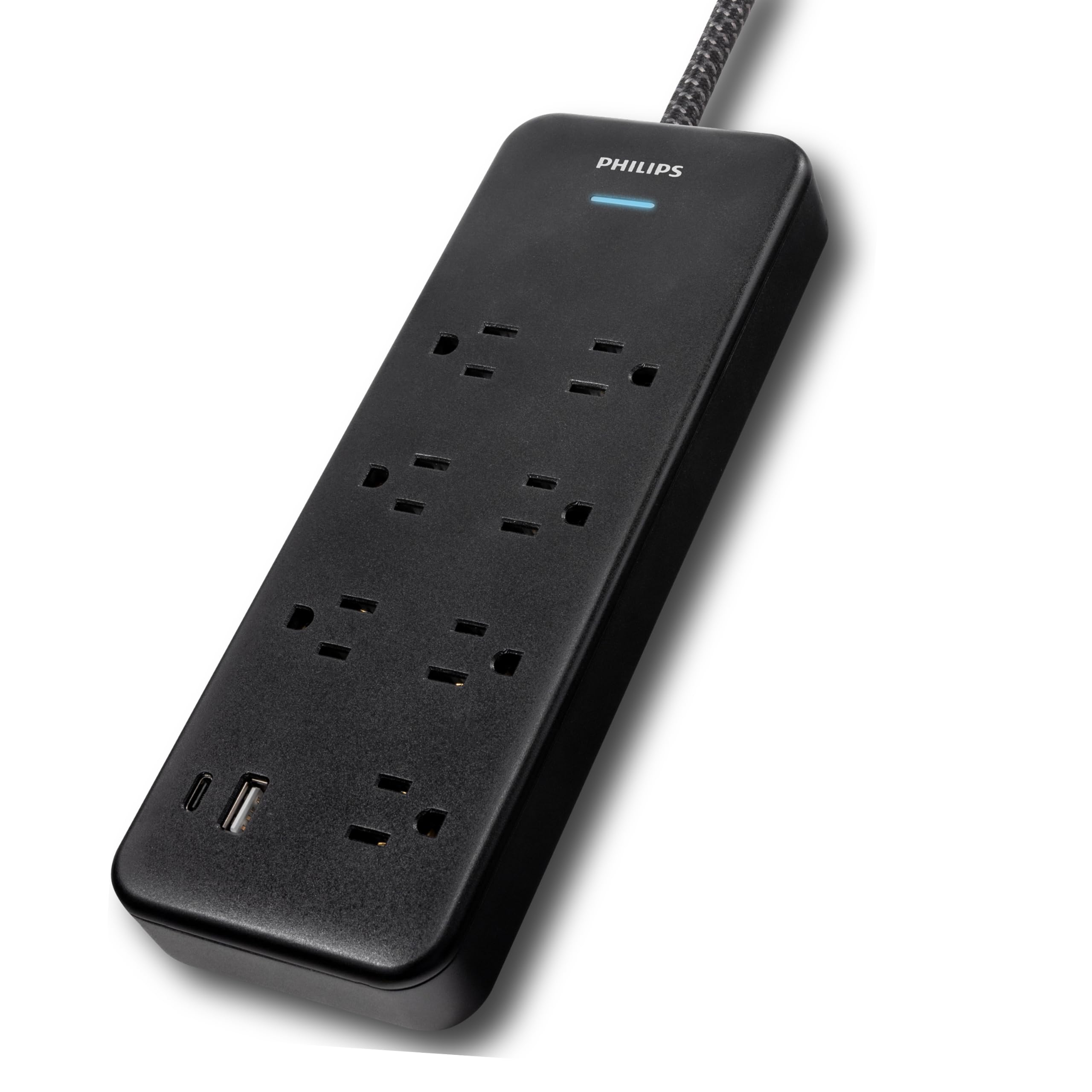Philips 7-Outlet Surge Protector Power Strip with USB, 1 USB-A, 1 USB-C, 6 Ft Braided Extension Cord, Mutli Plug Outlet Extender, Adapter-Spaced, Charging Station, 15W, 1500 Joules, Black, SPP3703B/37