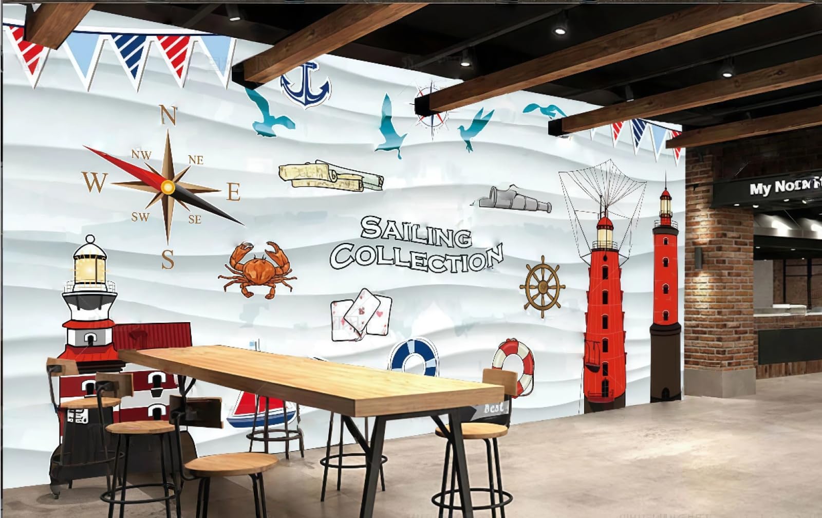 rskjdghshd Wallpaper Cartoon Hand-Painted Lighthouse Ocean Themed Beverage Store Shopping Mall Western Restaurant Background Wall Mural Afternoon Tea Coffee Shop Wallpaper,3D,200x140cm