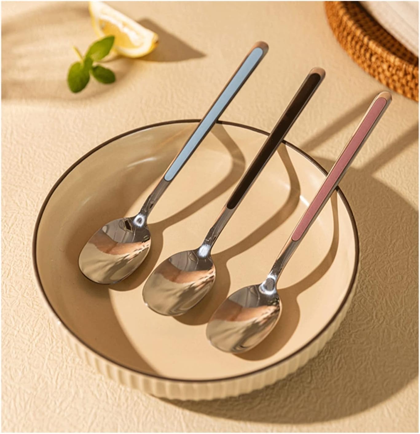 Dinner Spoon Stainless Steel Spoon Household Soup Spoon Long Handle Rice Spoon Delicate Bright Spoon Long-Handled Spoon (Color : Black) (Gray)