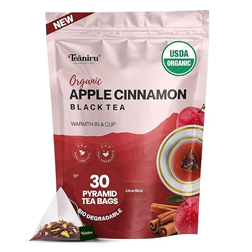 Miniatura 1 de Teaniru, Té de manzana y canela  Bolsa de té de 25 pirámides  Té energético, té negro con sabor natural, té de hoja pura  rico en antioxidantes,