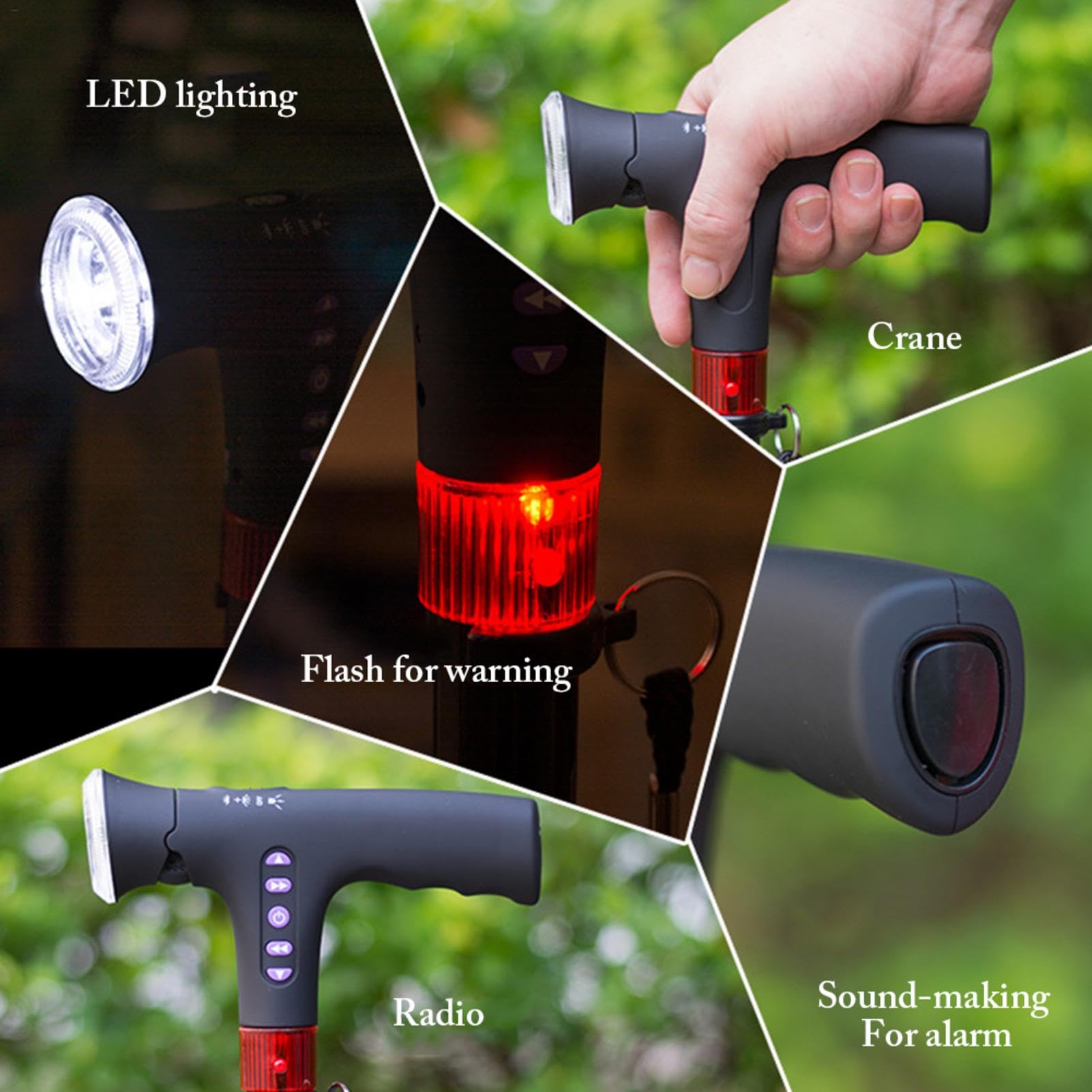 Bastón - Bastón Plegable | Luces Y Alarma con Luz De Bastón | Bastón De Senderismo Ajustable Y Ligero para Hombres Y Mujeres con Alarma, Radio con Luz Led, Bastón Ajustable, Plegable para Caminar