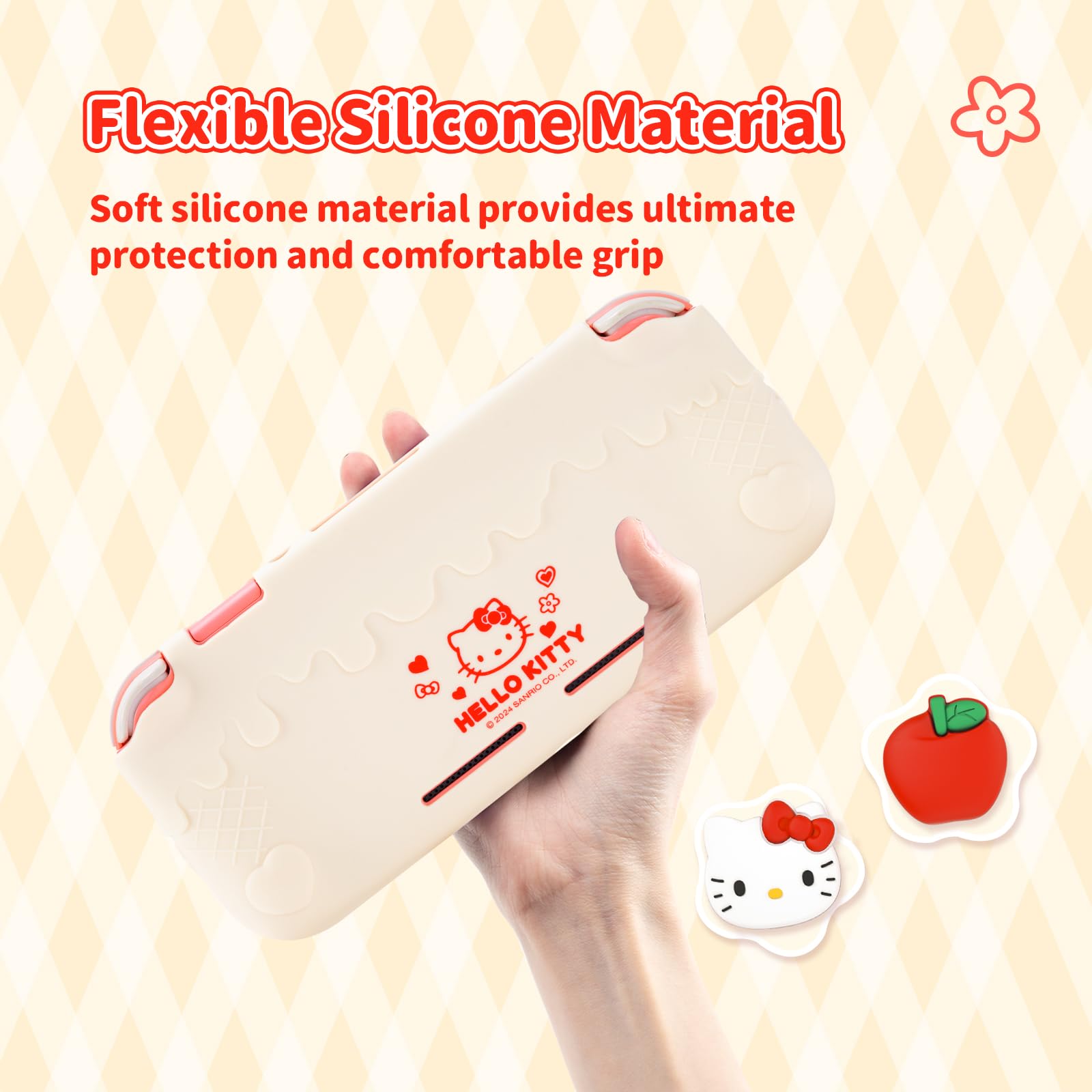 Kuitmor Switch Lite Protective Case,Soft Silicone Protective Shell,Anti-Scratch Protective Cover Case for Switch Lite with 2 Thumb Grip Caps（Beige Hello Kitty） | Soft Silicone, for Switch Lite, Off White - 4