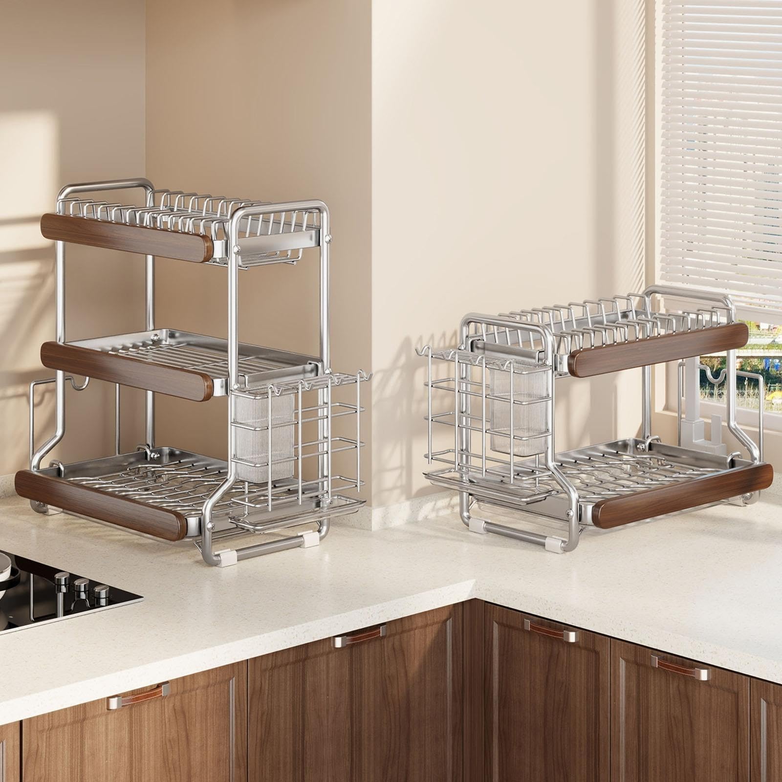 Escurridor de cocina de acero inoxidable, diseño que ahorra espacio para secar platos, cubiertos y utensilios, duradero y resistente al óxido, fácil de limpiar, cabe en encimeras