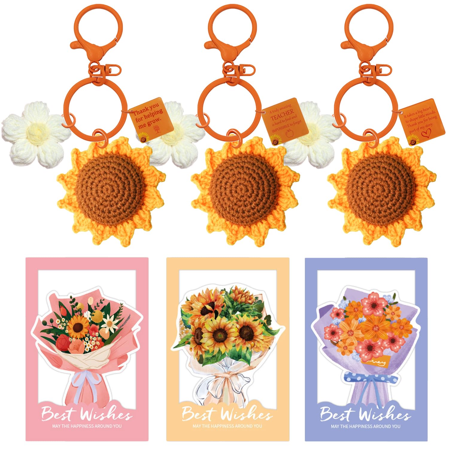 YUJUE Thank You Gift for Teacher - Thank You For Helping Me Grow, 3 PackHandmade Crocheted Sunflower Keychain and Thank You Card Set, Best Teacher Gift for Nursery Teacher, Teaching Assistant