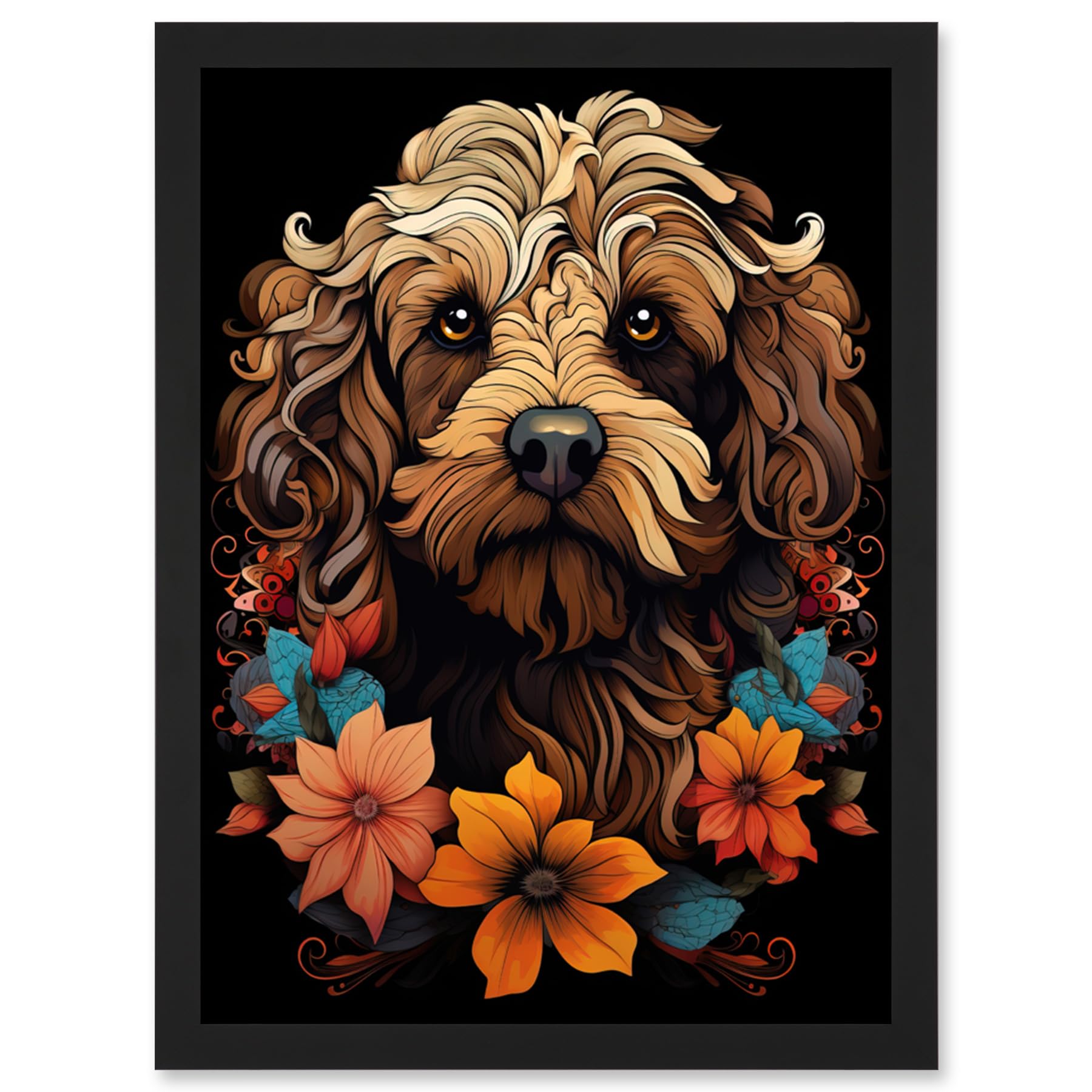 Artery8 Cockapoo Dog with Flowers Artwork Orange Brown Blue Floral Art Nouveau Portrait on Black Artwork Framed Wall Art Print A4