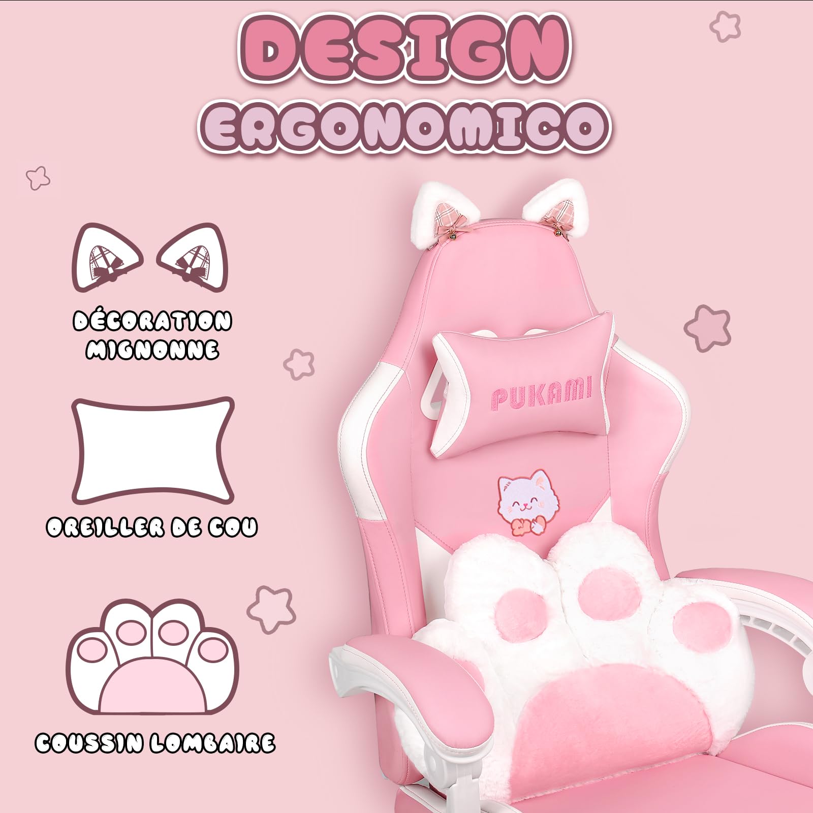 Waleaf Chaise Gaming Rose Ergonomique, Fauteuil de Gamer avec Repose-Pieds, Appui-tête, Soutien Lombaire, PU Cuir Chaise Bureau Réglable en Hauteur, Fauteuil Gaming pour Adultes Enfants, Rose