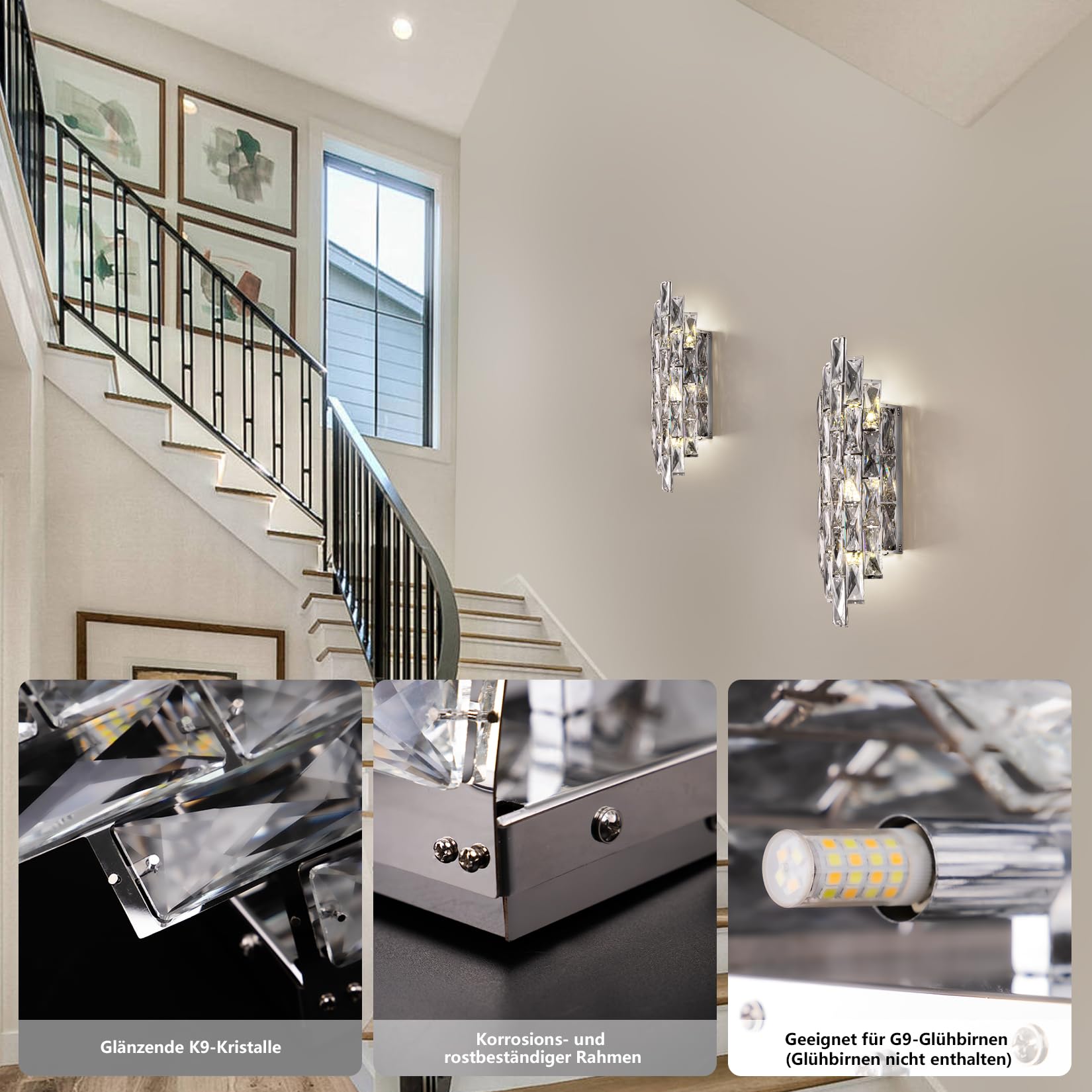 Kristall Wandleuchte Moderne Wandlampe Chrom Luxus K9 Kristall Innen Lampen für Wohnzimmer Schlafzimmer Esszimmer Badezimme Flur Treppenhaus