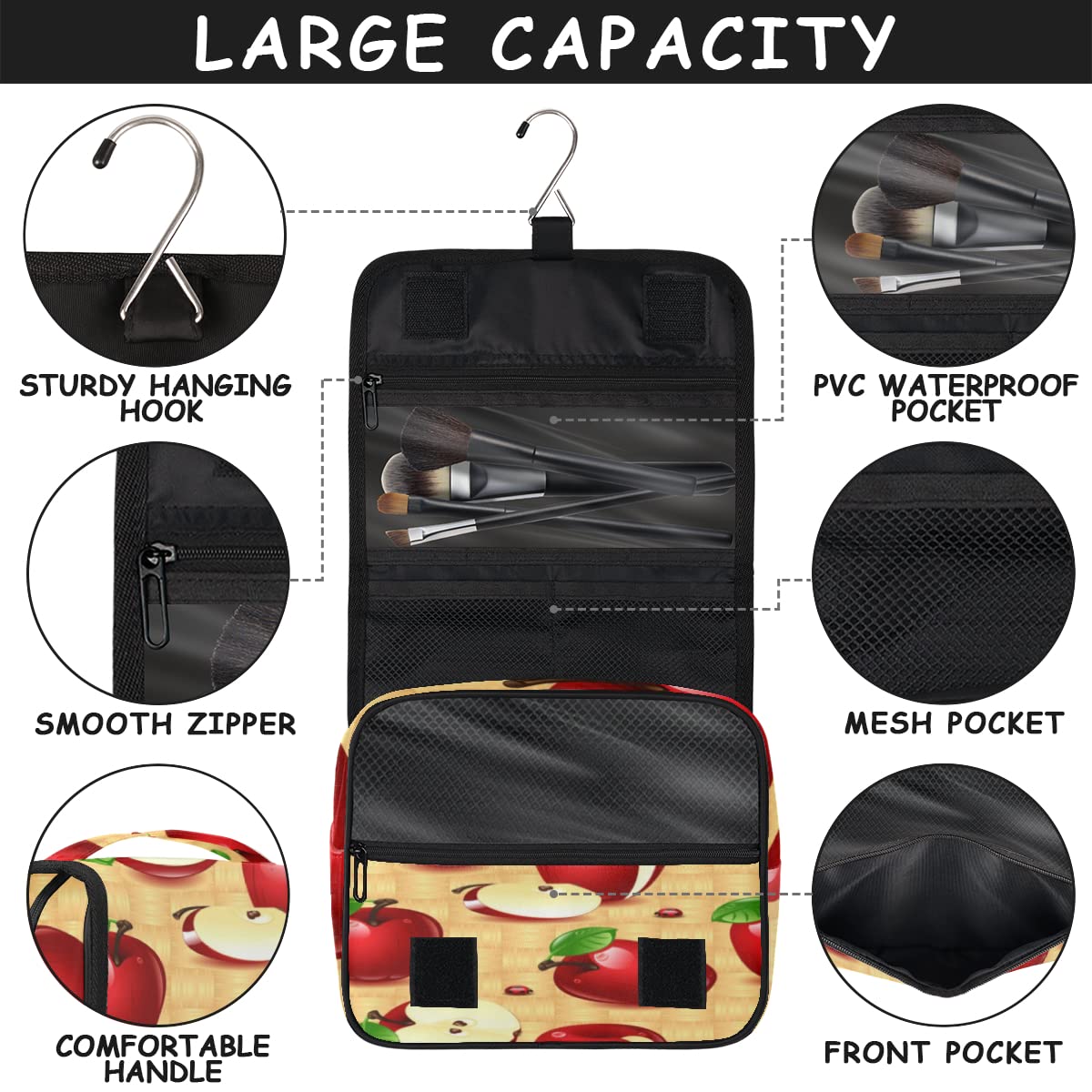 Jabłka Podróżna kosmetyczka Jabłka Wzór Owoce Mycie Torba Unisex Wiszące przybory toaletowe Kosmetyczka Organizer do makijażu, wielobarwny, Jeden rozmiar