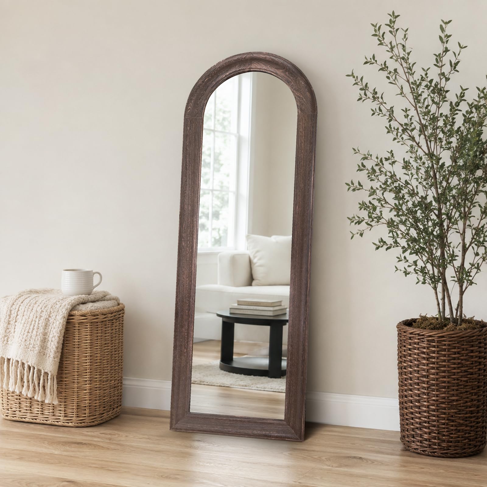 58x22 Solid Wood Arched Full Length Mirror, Elegant Brown Finish