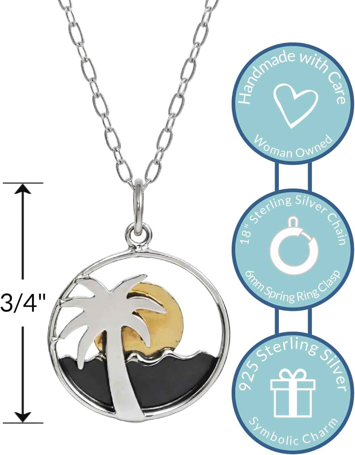 EnCharmed Sterling Silver and Bronze Tropical Palm Tree Sunset Charm Necklace, Coastal Island Pendant Jewelry, 18" - Image 3