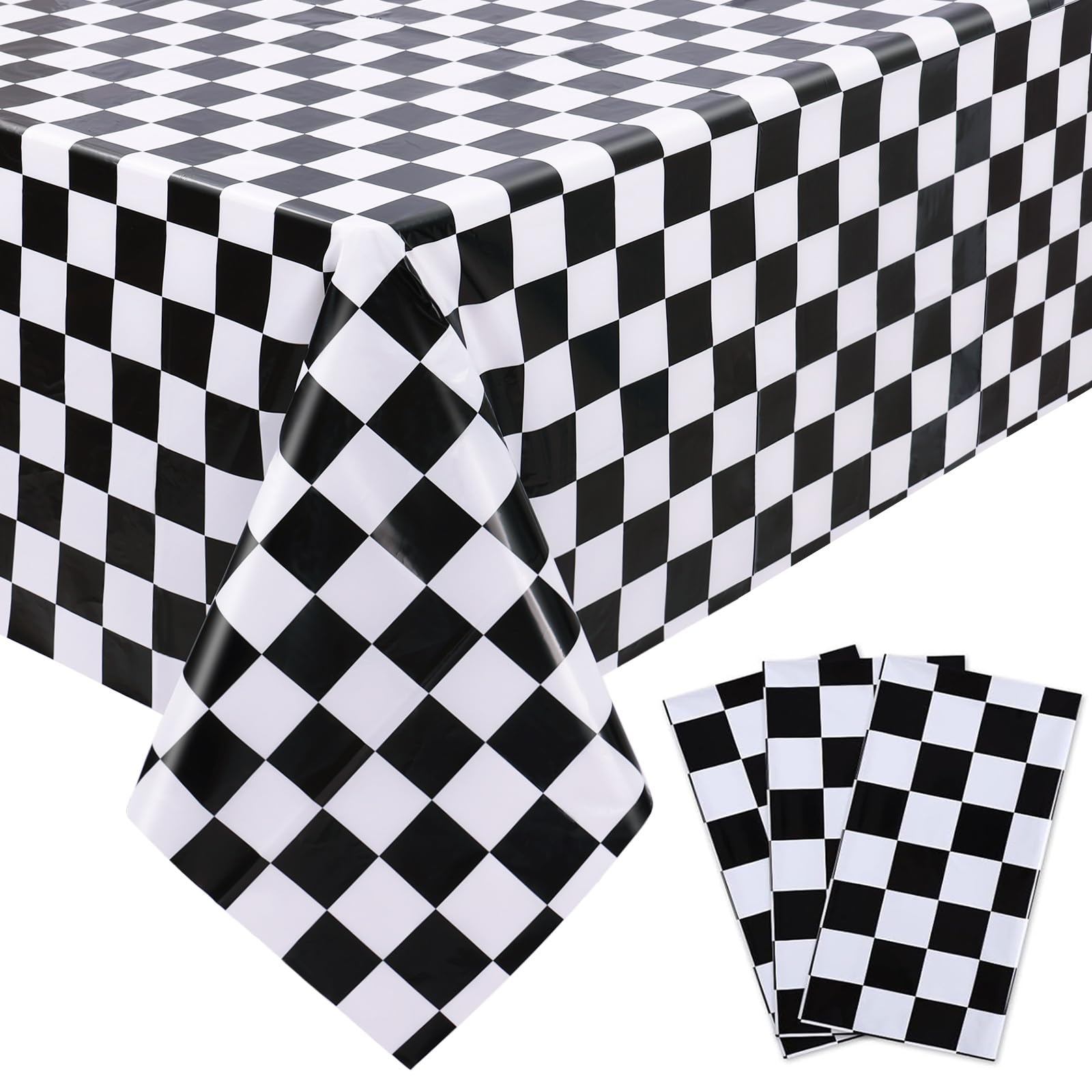 Kesfey Paquete de 3 manteles a cuadros blancos y negros de 54 x 108 pulgadas, desechables, de plástico, bandera a cuadros, impermeable, rectangular, para picnic, fiesta, celebración retro