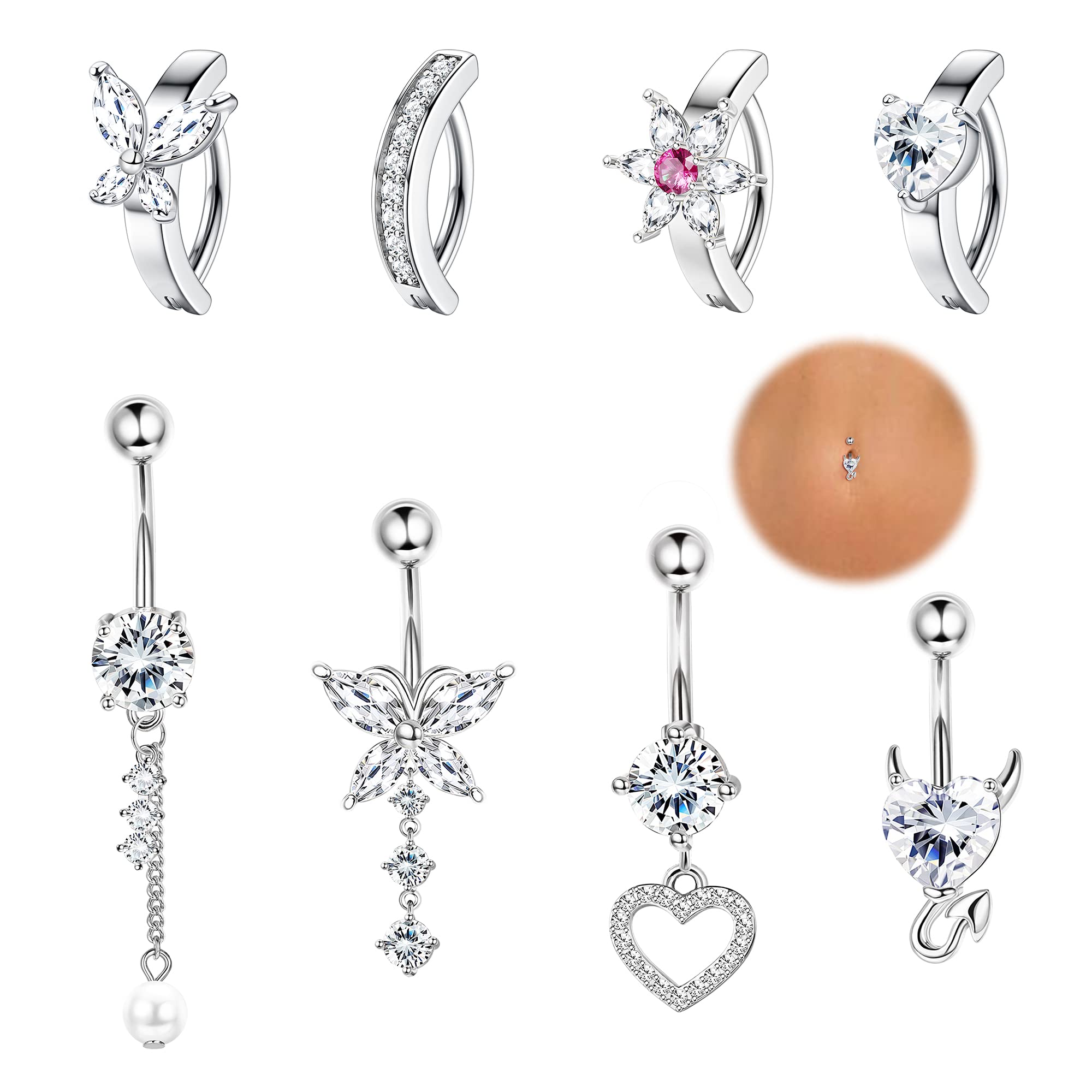 Subiceto 8Pcs 14G Clicker Belly Button Ring for Women Surgical Steel Dangle Belly Button Rings Dangling CZ Belly Rings for Women Cute Heart Butterfly Navel Rings Belly Piercing Pack