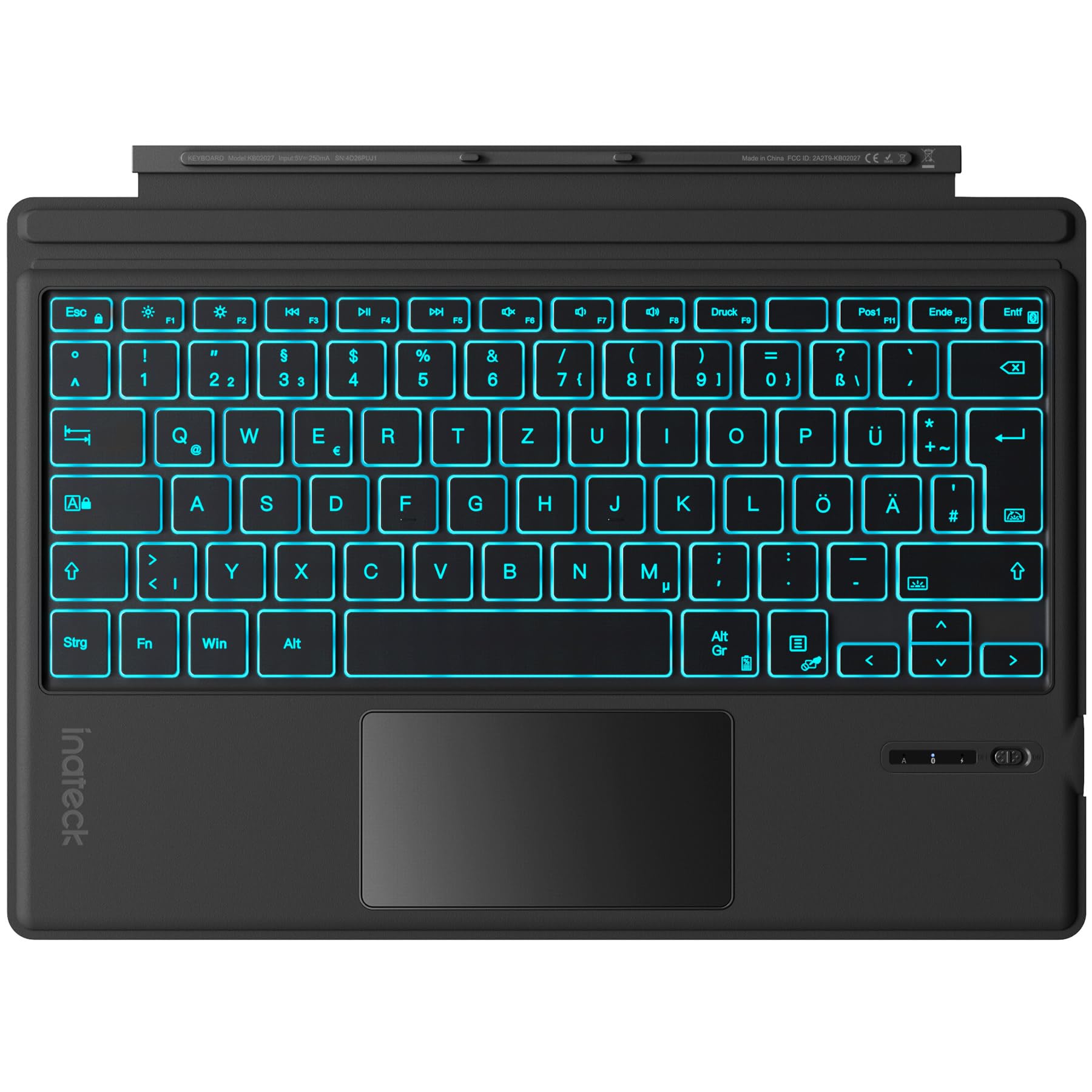 Inateck Surface Pro 7 Tastatur,Kompatibel mit Surface Pro 7/7+/6/5/4 mit Trackpad,Bluetooth 5.3, 7-Farbiger Hintergrund Beleuchtung,QWERTZ,KB02027