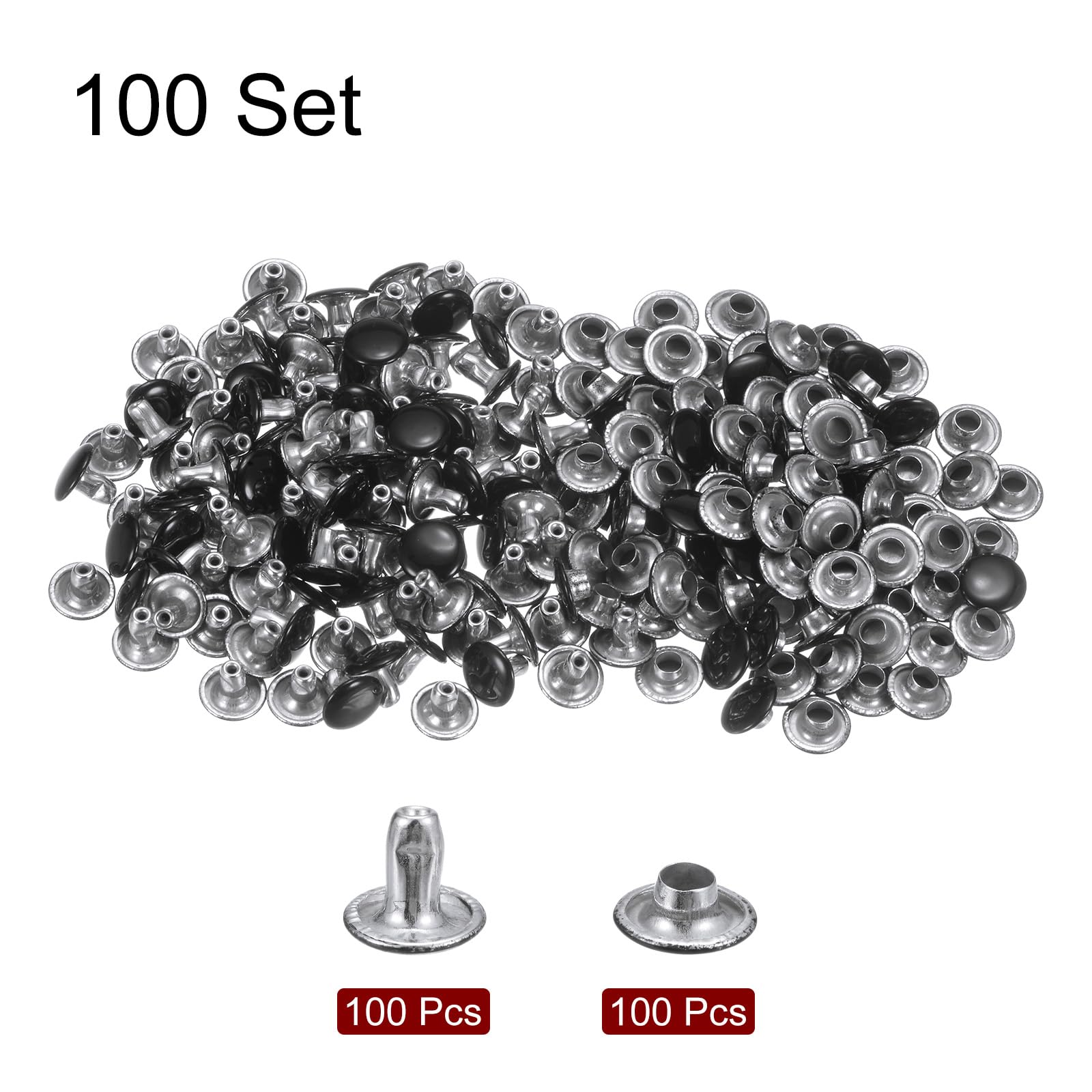 HARFINGTON Juego de 100 remaches de cuero de 8 mm x 6 mm, de metal de doble tapa, con 3 herramientas de ajuste, remaches para manualidades, reparación de cuero, decoración, color negro brillante