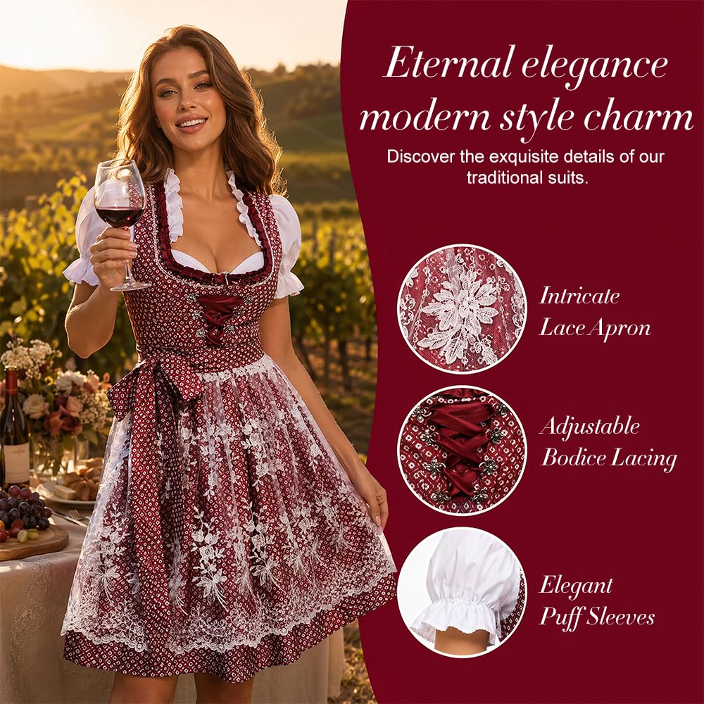 Foreverup Damen midi Trachtenkleid, Tachtenkleid für Oktoberfest, Damen Weinrot Trachtenkleid, Germandress für Oktoberfest mit Trachtenbluse Spitze Midi Rock Schürze für Besondere Anlässe