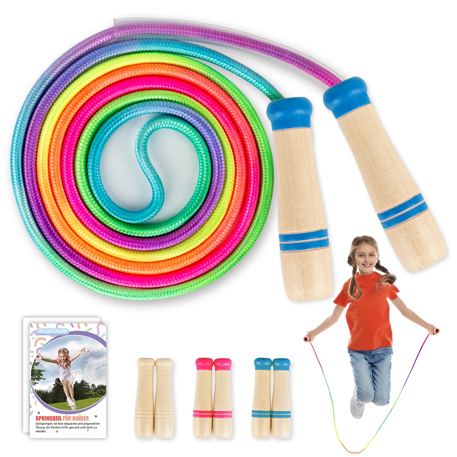 Springseil Kinder, Verstellbare Seilspringen für Fitness, 250CM Jump Rope Kinder mit Holzgriff und Regenbogen-Springseil, Skipping Rope Kids für Jungen und Mädchen 4 5 6 7 8 9 10 jahre(Blau)