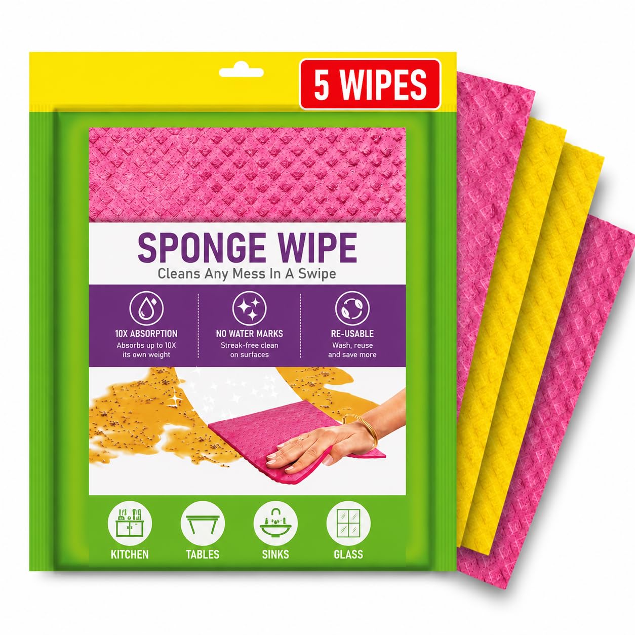 Reusable Sponge Wipes for Kitchen and Home Cleaning - Multicolor Biodegradable Cleaning Cloth Sheets with High Water Absorption for Dishes, Countertops, Tables and Daily Household Use (Pack of 5)-image-35