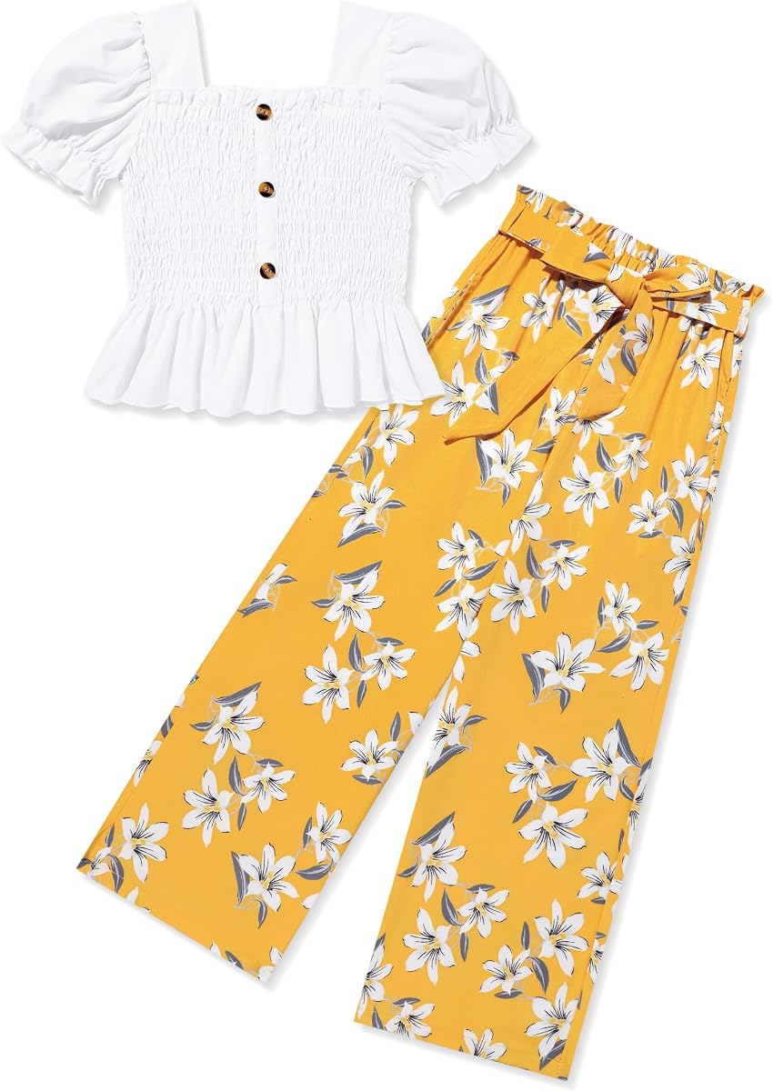 Girls Clothes Solid Color Square Collar Stretch Top and Wide Leg Pants Clothes for Teen Girls 6-14Y
