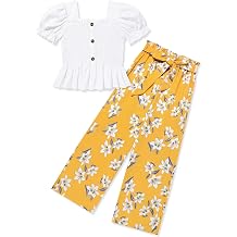 Girls Clothes Solid Color Square Collar Stretch Top and Wide Leg Pants Clothes for Teen Girls 6-14Y