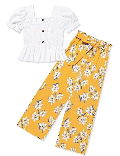 FoWear Girls Clothes Solid Color Square Collar Stretch Top and Wide Leg Pants Clothes for Teen Girls 6-14Y