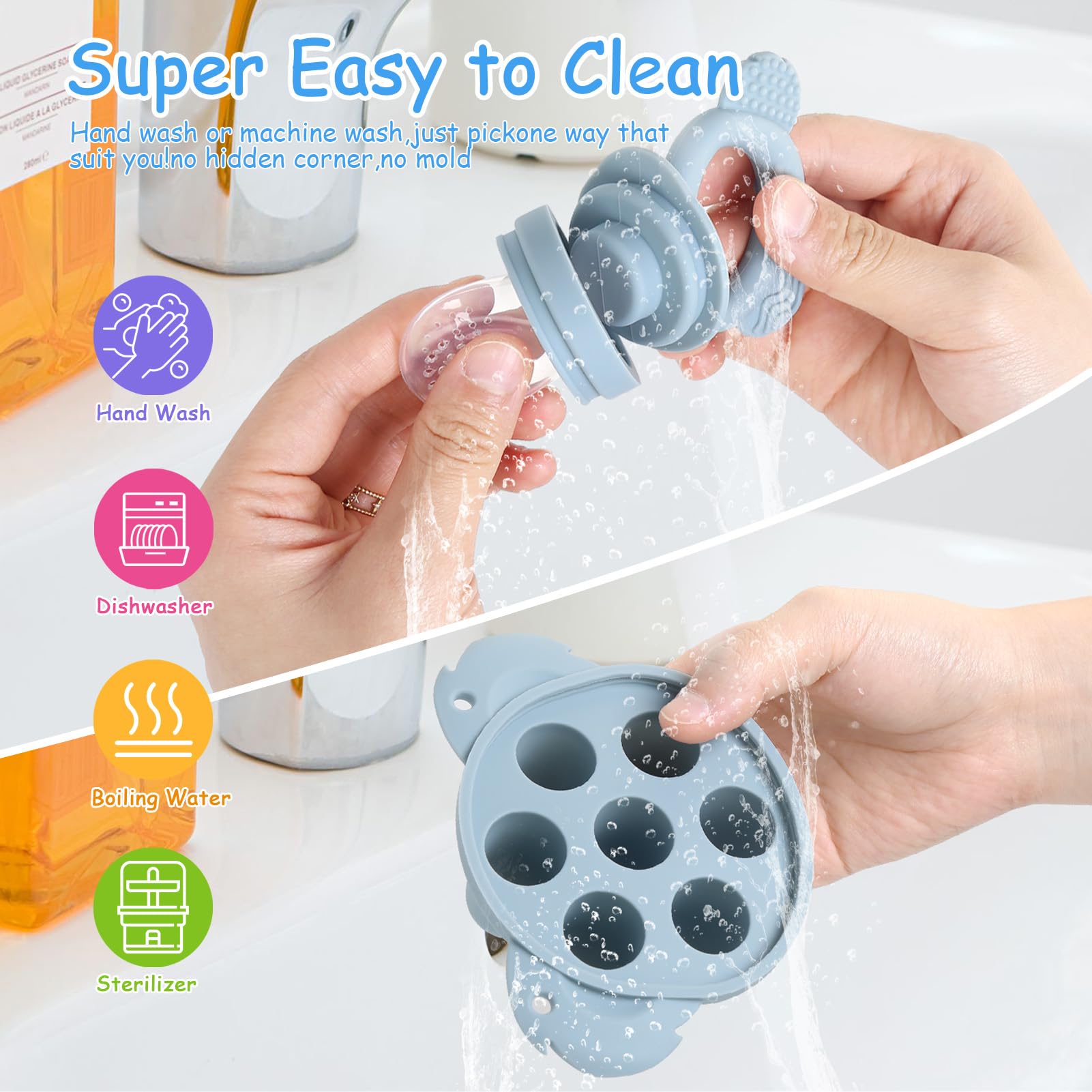 JoyPlus Chupete Fruta Bebe con 3 Tetinas de Silicona sin BPA, Chupete para Fruta Bebe y Bandejas para Congelar Comida de Bebé con Tapas para Leche Materna, Mordedor Fruta Bebe de 3 6 12 24 Meses