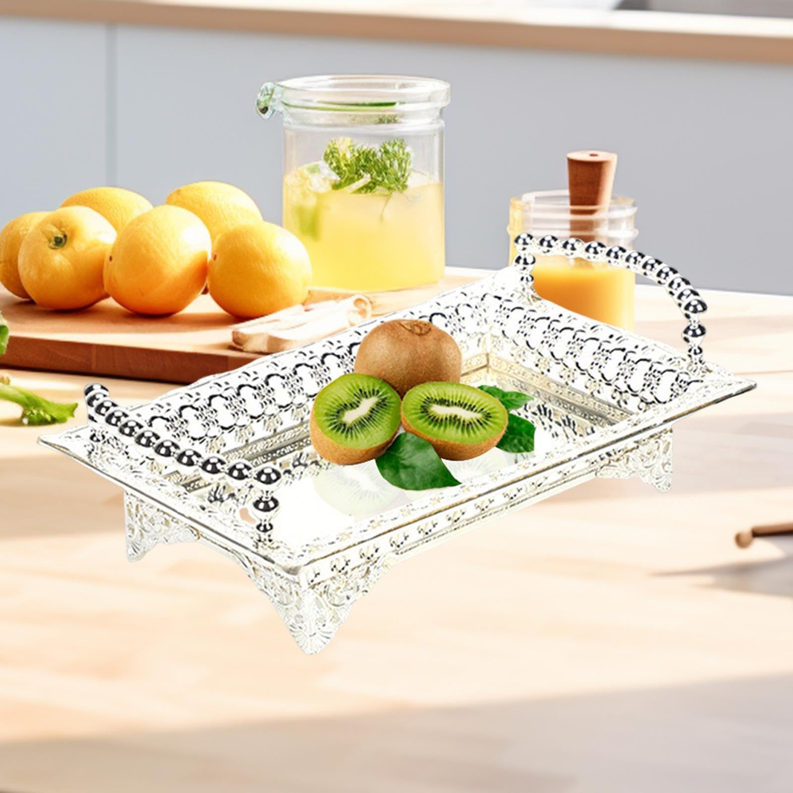 Serving Tray Tray for Serving Desserts and Fruits with Handle for Kitchen and Makeup Silver