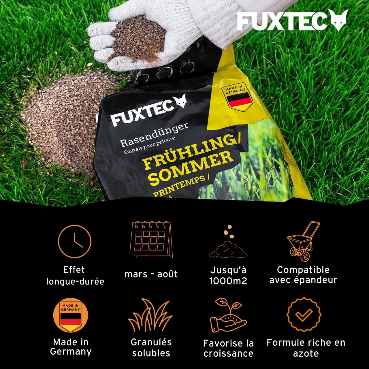 FUXTEC Engrais gazon printemps été FX-RDFS20 – 20 kg rendement 1000m2 fertilisant pelouse NPK 12+3+5 organo-minéral – azote à libération progressive – magnésium et soufre – granulés fins