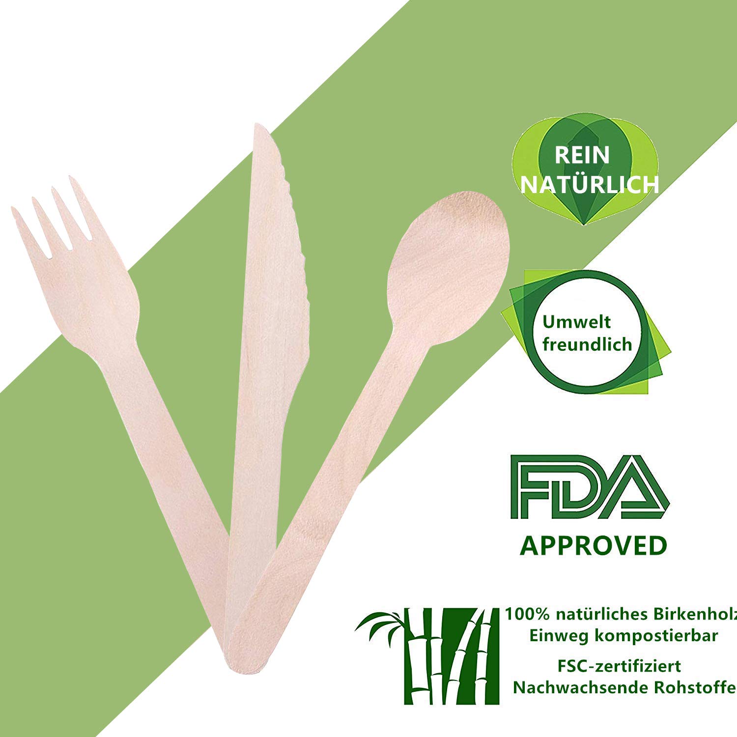 Posate usa e getta in legno biodegradabili compostabili, set per feste campeggio picnic 100 pezzi