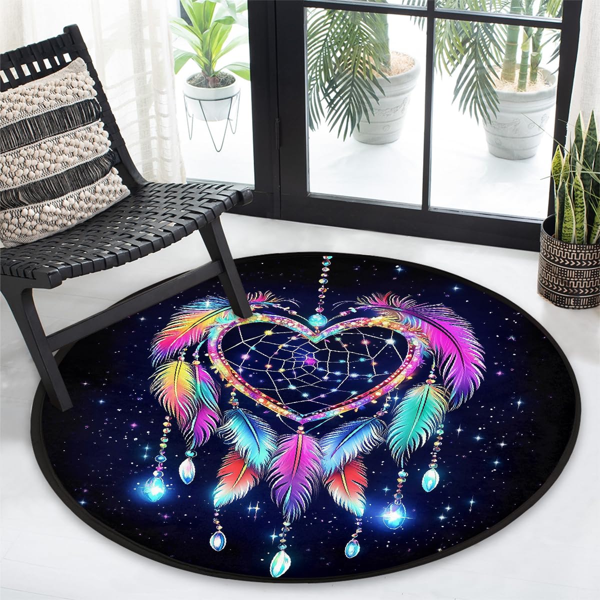 Herz-Traumfänger-Neon-Teppich, rund, waschbar, Gaming-Teppich für Schlafzimmer, Wohnzimmer, Arbeitszimmer, Bodenmatte, 160 cm