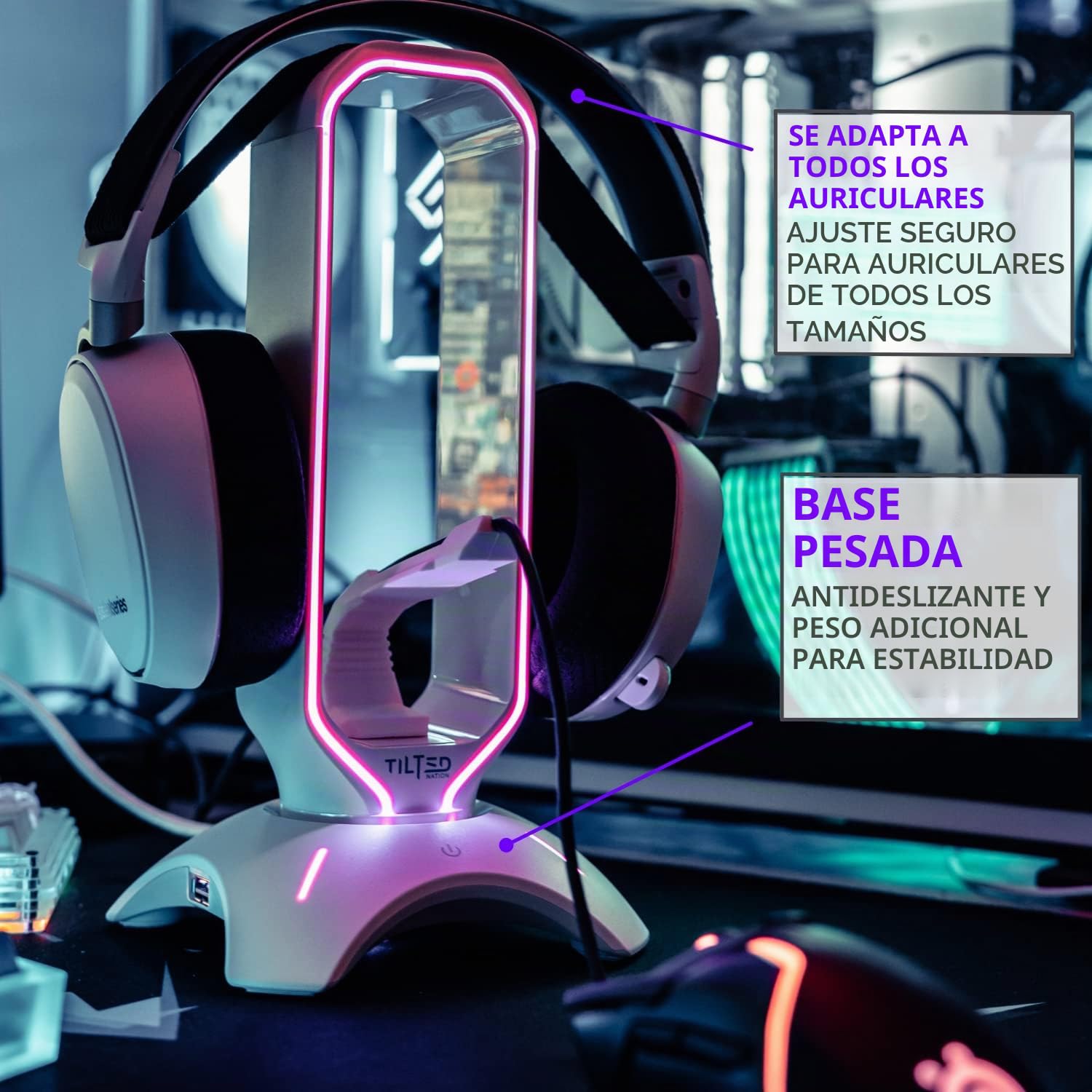 Tilted Nation Soporte para Auriculares RGB – Soporte para Auriculares 3 en 1 para Escritorio con Mouse Bungee y Cargador Hub USB 3.0 de 2 Puertos – El Accesorio definitivo para Juegos y Regalo para